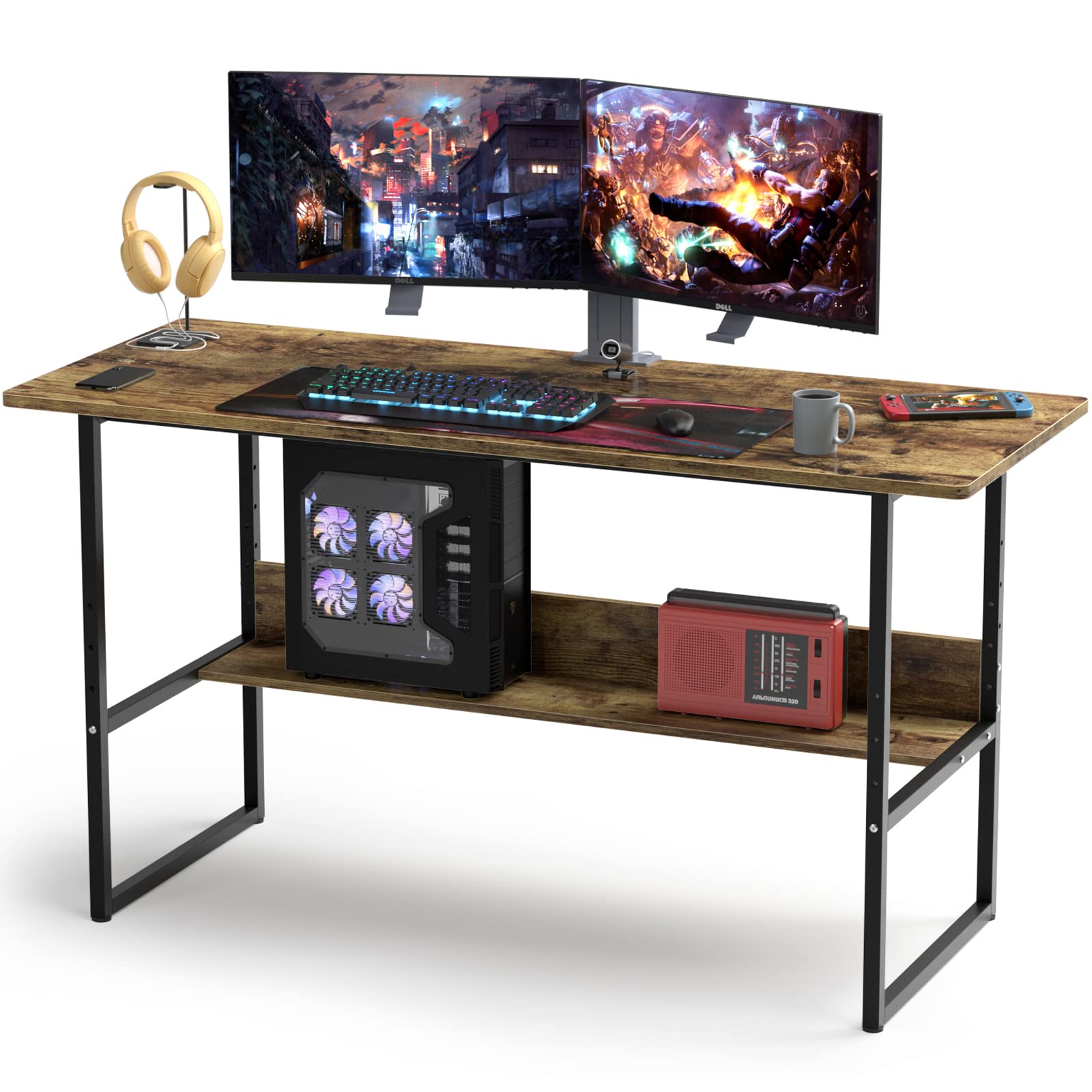 DEWEL ゲーミングデスク パソコンデスク 幅150cm 奥行60cm ゲーミングデスク 収納ラック付き テレワーク用 pcデスク 耐荷重65kg シンプル 広いpcデスク ワークデスク オフィスデスク アジャスター付き 収納つきデスク 勉強デスク 勉強机 木製 シンプル 木目柄 メラミン加工 在宅勤務 150X60X75cm