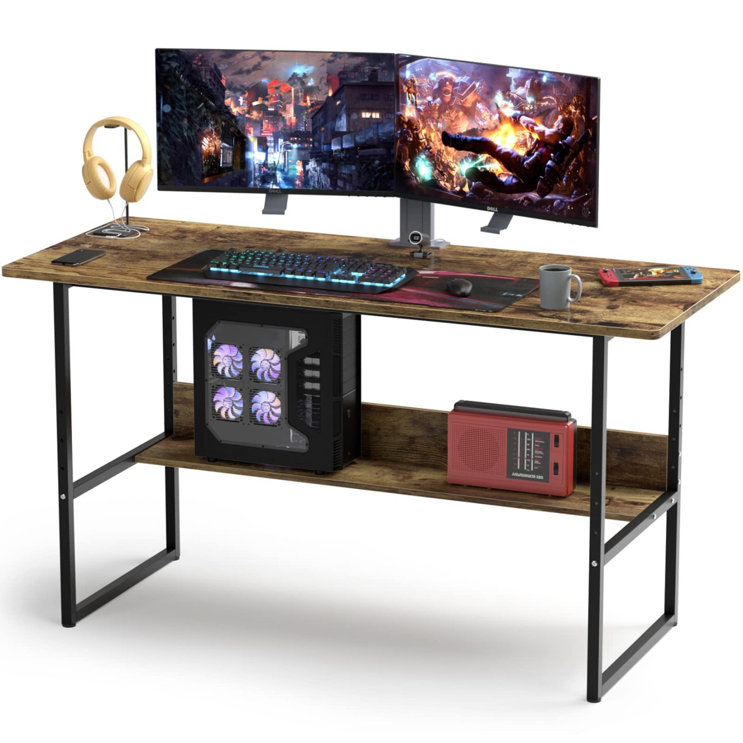 DEWEL ゲーミングデスク パソコンデスク 幅150cm 奥行60cm ゲーミングデスク 収納ラック付き テレワーク用 pcデスク 耐荷重65kg シンプル 広いpcデスク ワークデスク オフィスデスク アジャスター付き 収納つきデスク 勉強デスク 勉強机 木製 シンプル 木目柄 メラミン加工 在宅勤務 150X60X75cm