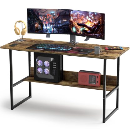 DEWEL ゲーミングデスク パソコンデスク 幅150cm 奥行60cm ゲーミングデスク 収納ラック付き テレワーク用 pcデスク 耐荷重65kg シンプル 広いpcデスク ワークデスク オフィスデスク アジャスター付き 収納つきデスク 勉強デスク 勉強机 木製 シンプル 木目柄 メラミン加工 在宅勤務 150X60X75cm