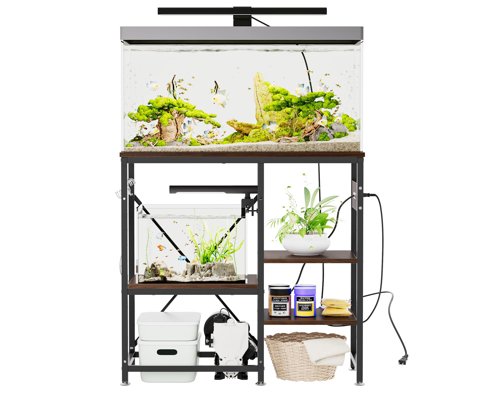 DEWEL 水槽台 水槽設置台 水槽スタンド 電源コンセント付き 幅79×奥行35×高さ75cm 中棚板10段高さ調整可能 左右入れ可能 水槽棚 水槽が置ける台 総耐荷重約215kg アジャスター/フック付き 面取り加工 30/40/45/60/70cm水槽用 ウォルナット