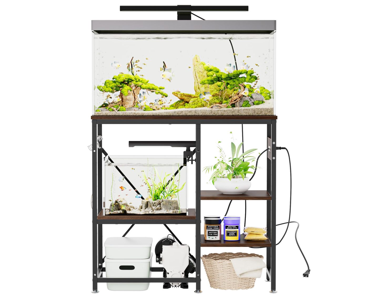 DEWEL 水槽台 水槽設置台 水槽スタンド 電源コンセント付き 幅79×奥行35×高さ75cm 中棚板10段高さ調整可能 左右入れ可能 水槽棚 水槽が置ける台 総耐荷重約215kg アジャスター/フック付き 面取り加工 30/40/45/60/70cm水槽用 ウォルナット