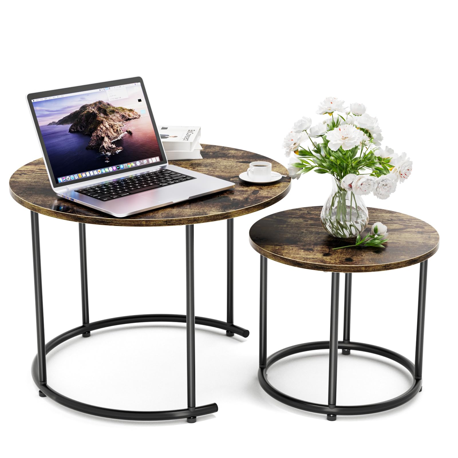  ネストテーブル DEWEL 2個セットカフェテーブル 組み合わせ自由 入れ子式 円型 テレワーク 一人暮らし おしゃれ シンプル 木目調