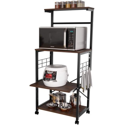 DE WEL レンジ台 キッチンラック スライド棚 四段式 幅60cm 高さ150cm 総耐荷重50kg キッチンワゴン キャスターとアジャスター付き スライド棚 レンジボード ワゴン ダイニング キッチン収納 家電や食器収納棚 おしゃれ シンプル 木製 隙間収納 コンパクト 省スペース ブラック&ブラウン 幅60×奥行40×高さ150cm