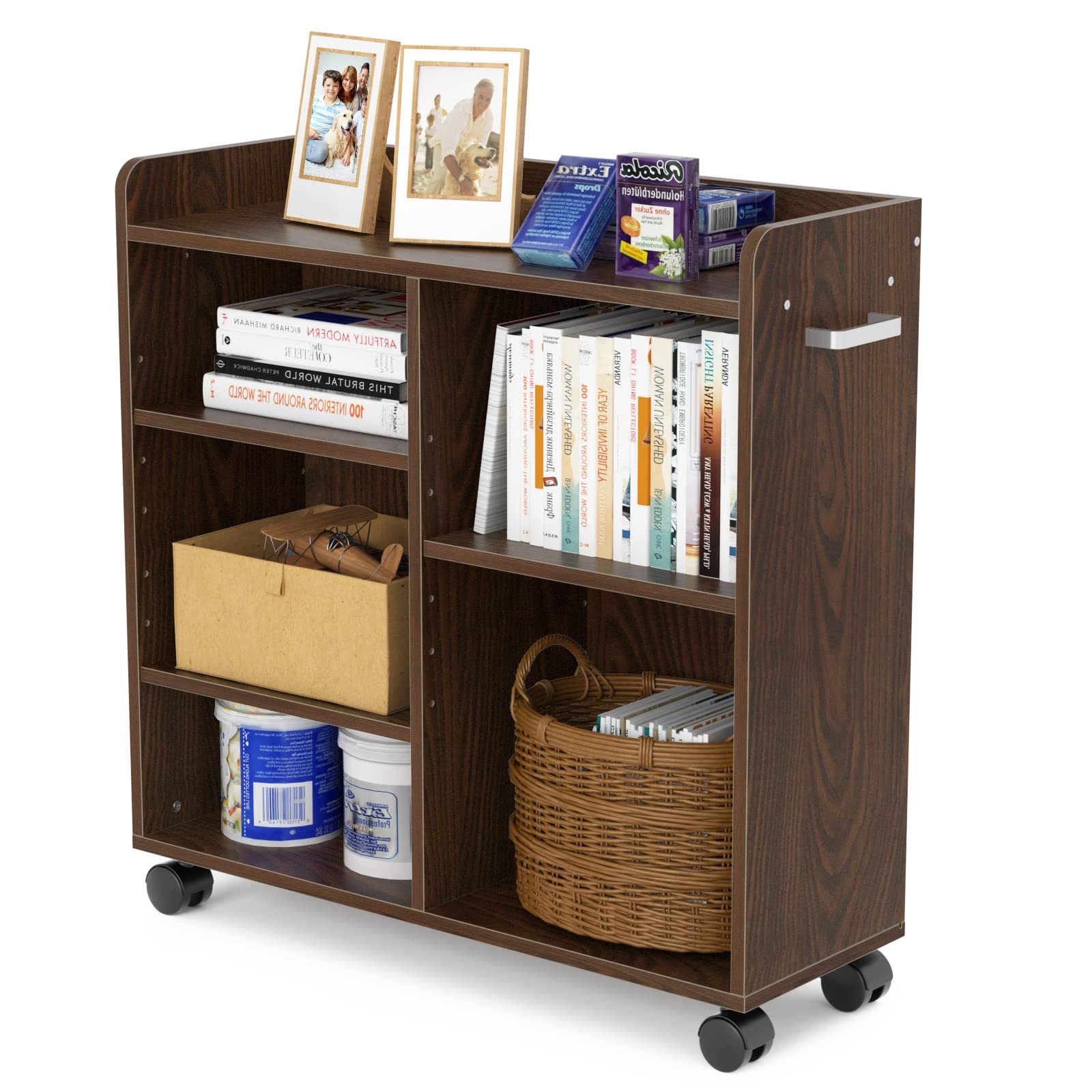 DEWEL ランドセルラック 押入れ収納 ブックラック 本棚 書棚 キッズラック 学習ラック CD DVD 雑誌収納 リビング クローゼット 取っ手＆キャスター付き 可動式の棚 木製 簡単組み立て 大容量 おしゃれ 〔幅26cm〕