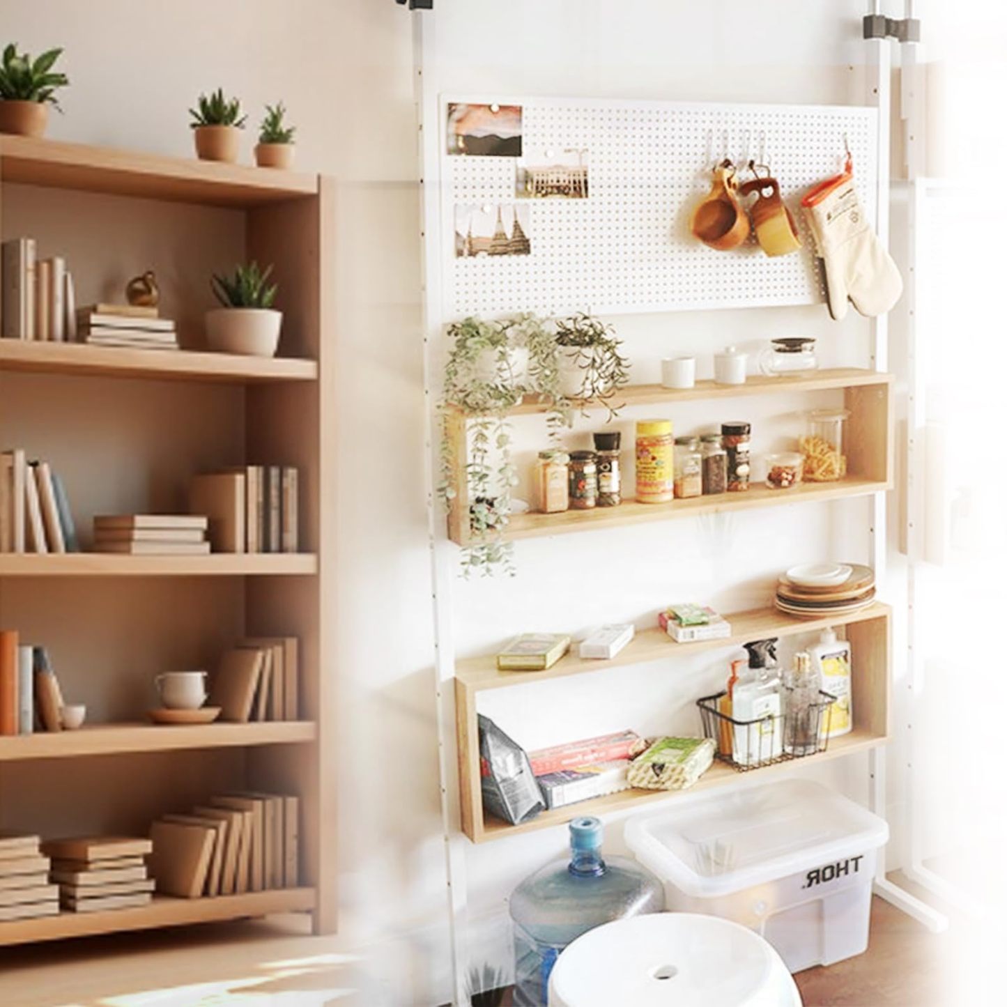 DEWEL 突っ張りラック つっぱり棚 幅90cm ウォールラック 壁面収納 突っ張り棚 高さ194.5-275cm つっぱり棒 棚 省スペース ホワイト×ナチュラル 有孔ボード付き ペグラック付き マグネット付き (ホワイト×ナチュラル, 幅90cm)