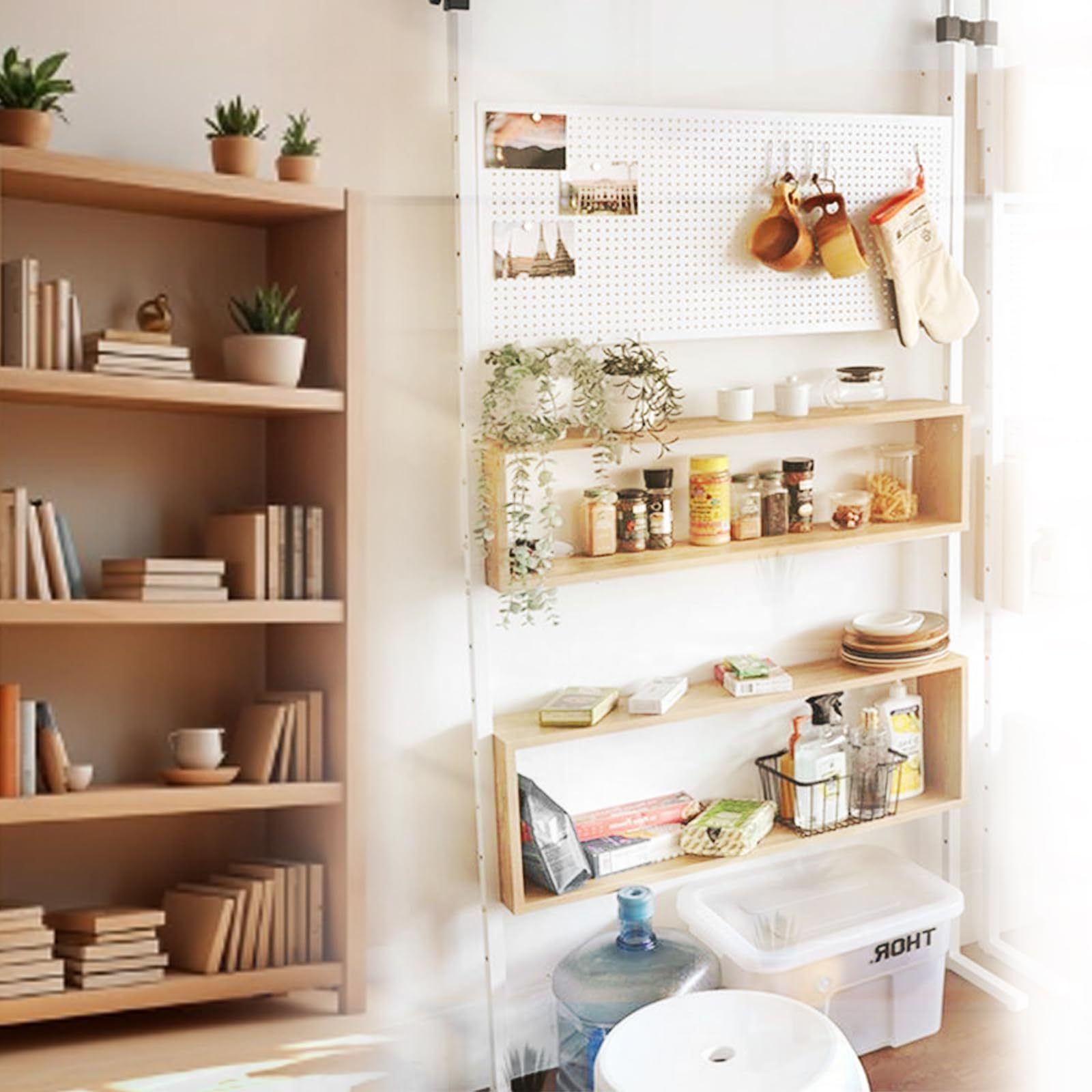 DEWEL 突っ張りラック つっぱり棚 幅90cm ウォールラック 壁面収納 突っ張り棚 高さ194.5-275cm つっぱり棒 棚 省スペース ホワイト×ナチュラル 有孔ボード付き ペグラック付き マグネット付き (ホワイト×ナチュラル, 幅90cm)