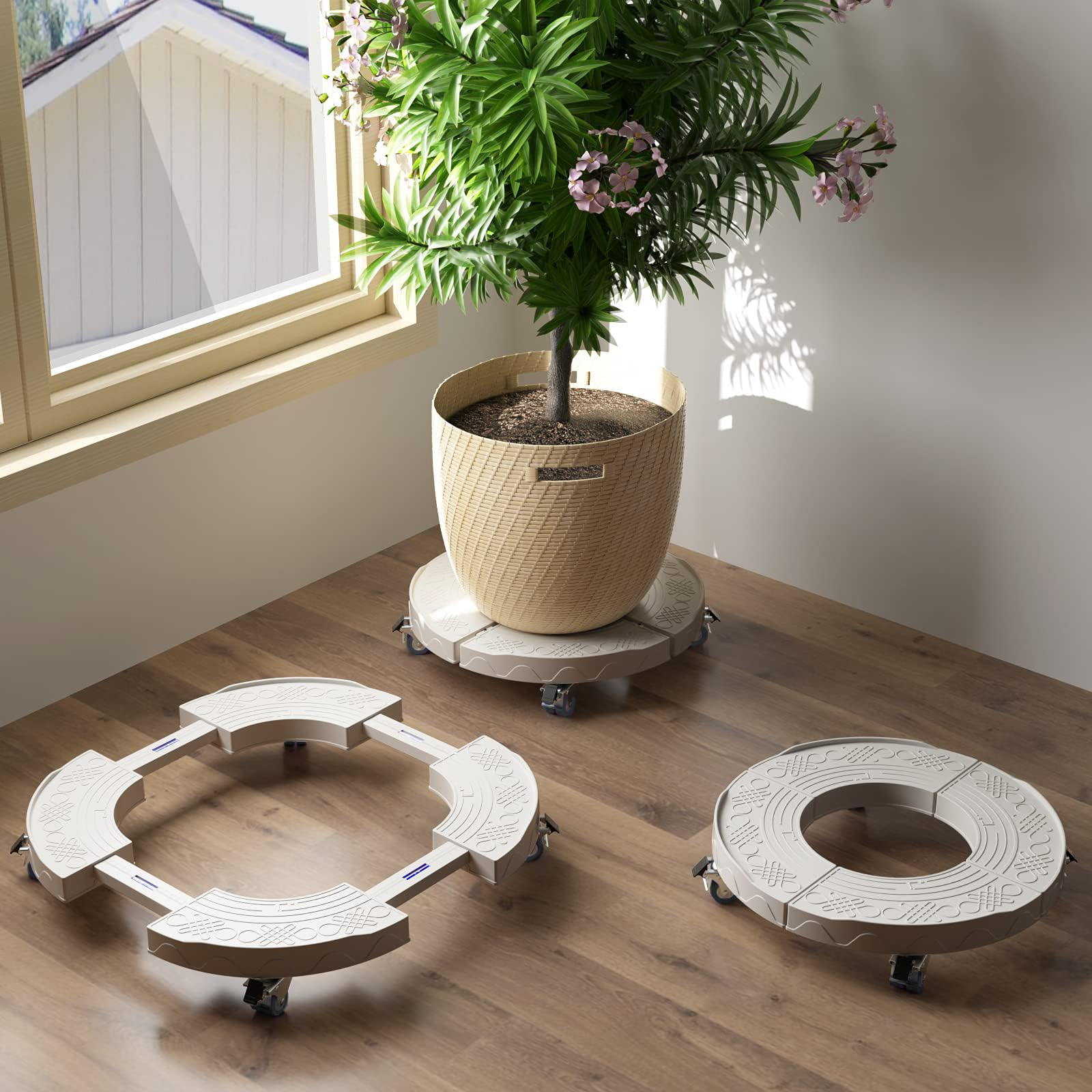 DEWEL 花台 鉢受プレート移動できる 植木鉢台 キャスター付き 伸縮タイプ サイズ調節可 ブレーキ付き 360°移動便利 調節可能 滑り止め 38.5-52.5cm伸縮可能 円形と矩形対応 高さ11㎝ 耐荷重200kg