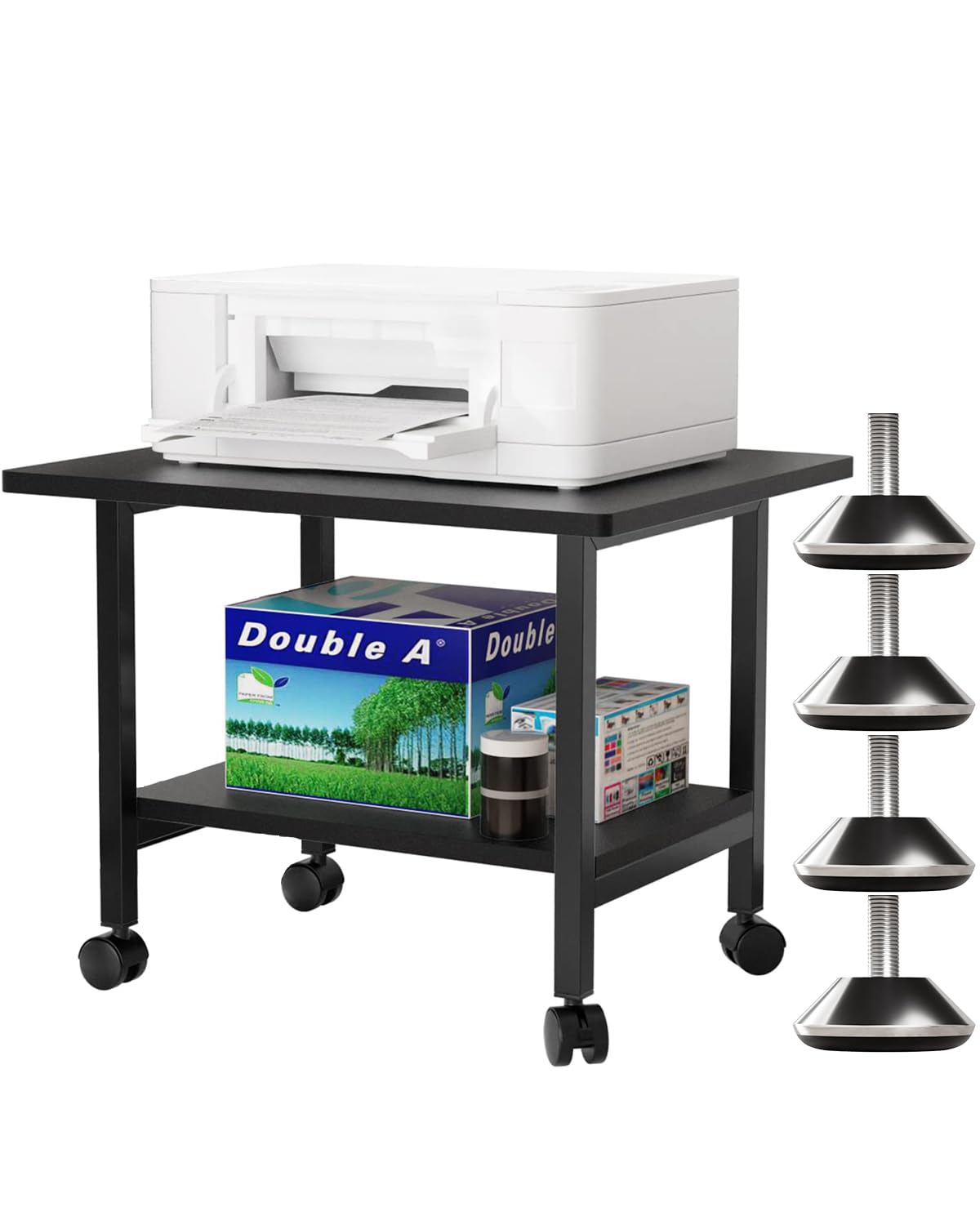 DEWEL プリンター台 プリンターラック 幅48×奥行40×高さ37cm プリンターカート 2段 キャスター付き アジャスター付き 机上台 プリンタースタンド サイドテーブル 机下/机上両対応 オフィス/ホーム用