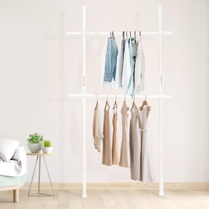 DEWEL ハンガーラック 突っ張り ダブル 総耐荷重100kg 高さ調整可能（約110-310cm） 横伸縮可能（約75-120cm） 衣類収納 表面みがきずな工芸 組立品 説明書付き