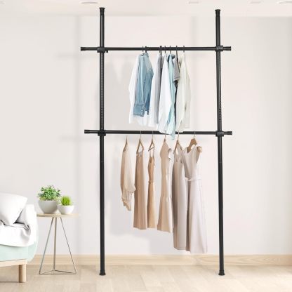 DEWEL ハンガーラック 突っ張り ダブル 総耐荷重100kg 高さ調整可能（約110-310cm） 横伸縮可能（約75-120cm） 衣類収納 表面みがきずな工芸 組立品 説明書付き