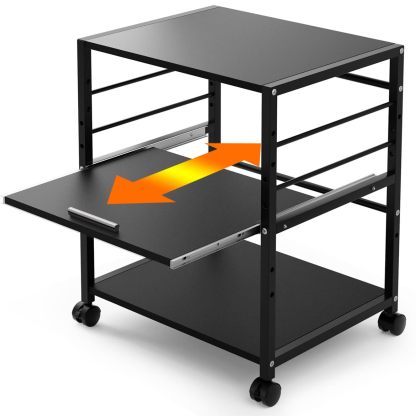 DEWEL プリンター台 ラック ワゴン 木製 3段 キャスター付き 中棚スライド式 カート 机下台 サイドワゴン 棚板高さ調節可能 プリンター収納 ブラック 高強度のメラミン加工 組立簡単 オフィス 家庭用 幅50×奥行40×高さ64cm