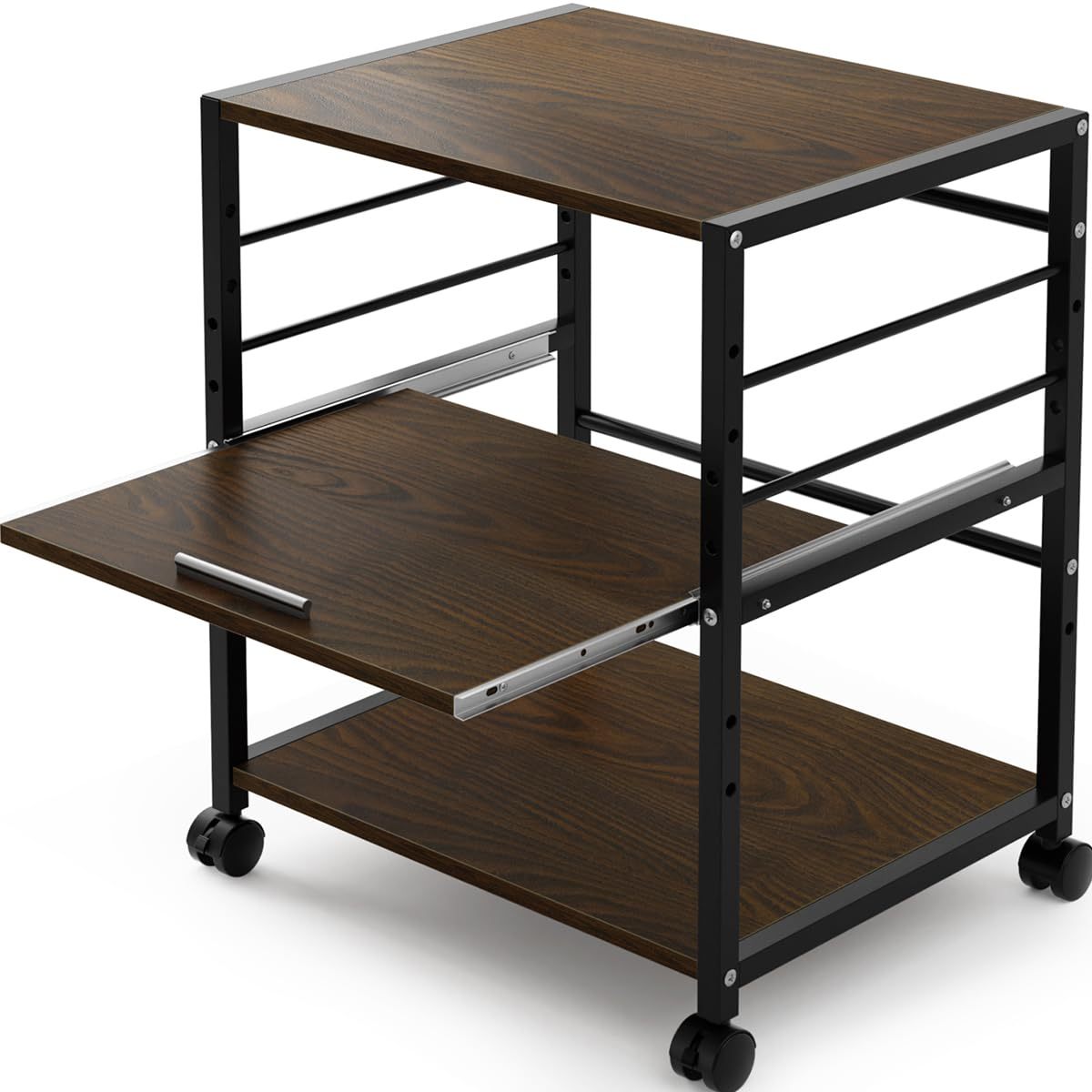 DEWEL プリンター台 ラック ワゴン 木製 3段 キャスター付き 中棚スライド式 カート 机下台 サイドワゴン 棚板高さ調節可能 プリンター収納 ブラック 高強度のメラミン加工 組立簡単 オフィス 家庭用 幅50×奥行40×高さ64cm