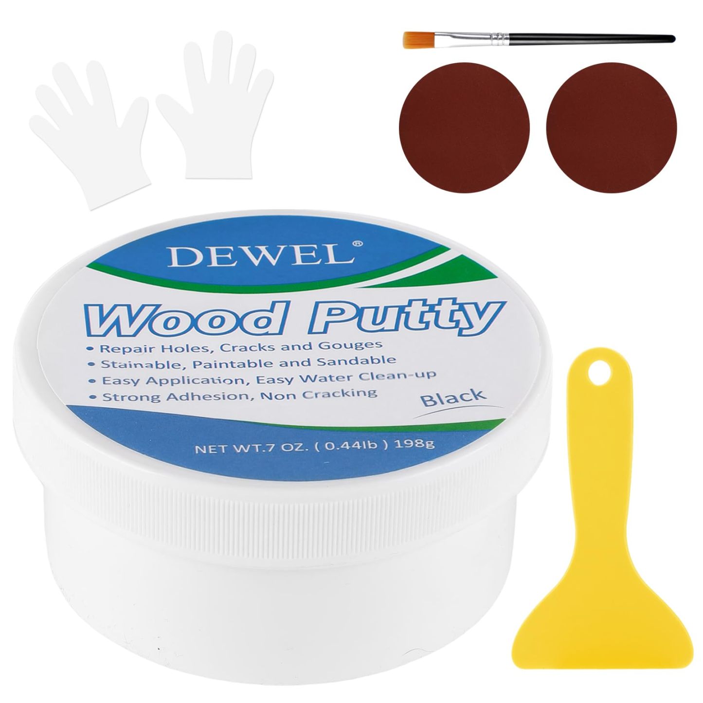 DEWEL 木工パテ 穴埋めパテ パテ 198g ウッドパテ 木材補修用パテ 補修パテ 木製テーブル、戸棚、床、ドアの亀裂など補修 フローリング 補修 ブラシ付き スクレーパー付き サンドペーパー付き 手袋付き