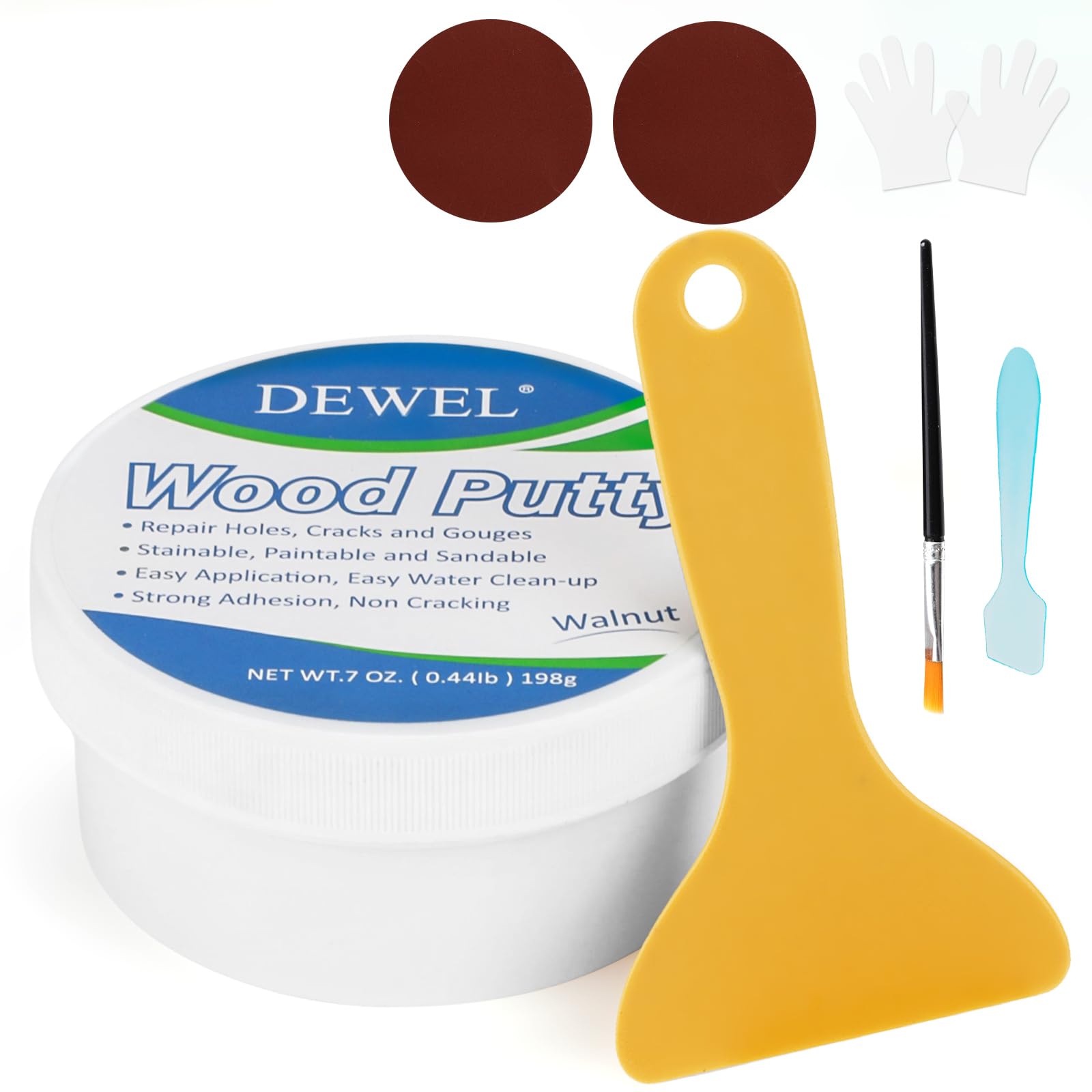 DEWEL 木工パテ 穴埋めパテ パテ 198g ウッドパテ 木材補修用パテ 補修パテ 木製テーブル、戸棚、床、ドアの亀裂など補修 フローリング 補修 ブラシ付き スクレーパー付き サンドペーパー付き 手袋付き