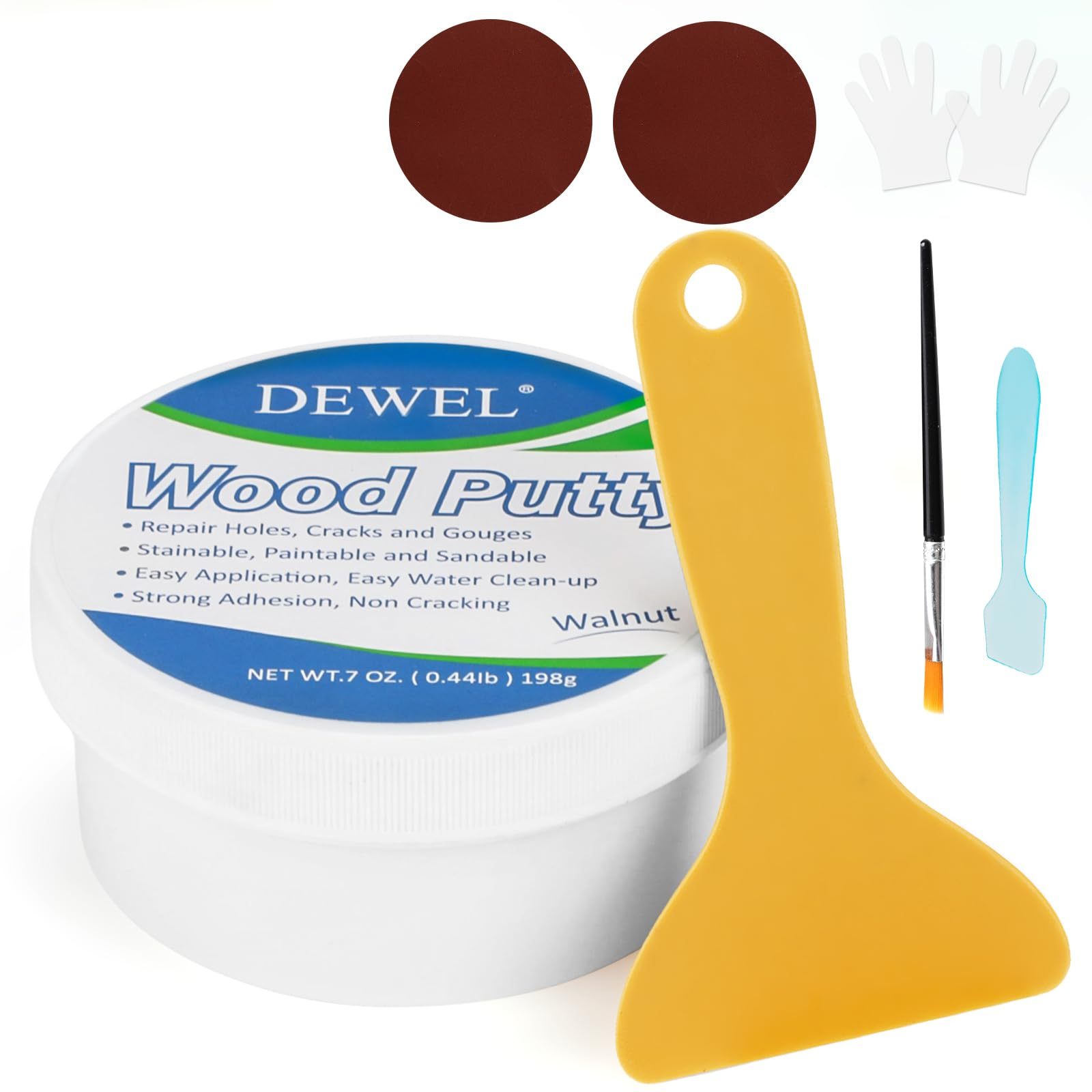 DEWEL 木工パテ 穴埋めパテ パテ 198g ウッドパテ 木材補修用パテ 補修パテ 木製テーブル、戸棚、床、ドアの亀裂など補修 フローリング 補修 ブラシ付き スクレーパー付き サンドペーパー付き 手袋付き