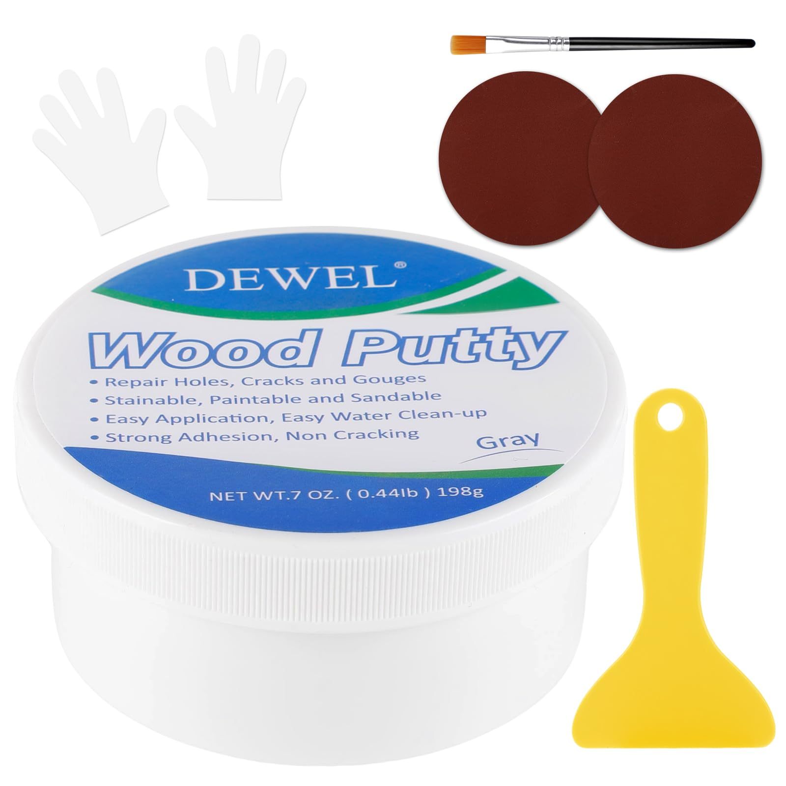 DEWEL 木工パテ 穴埋めパテ パテ 198g ウッドパテ 木材補修用パテ 補修パテ 木製テーブル、戸棚、床、ドアの亀裂など補修 フローリング 補修 ブラシ付き スクレーパー付き サンドペーパー付き 手袋付き