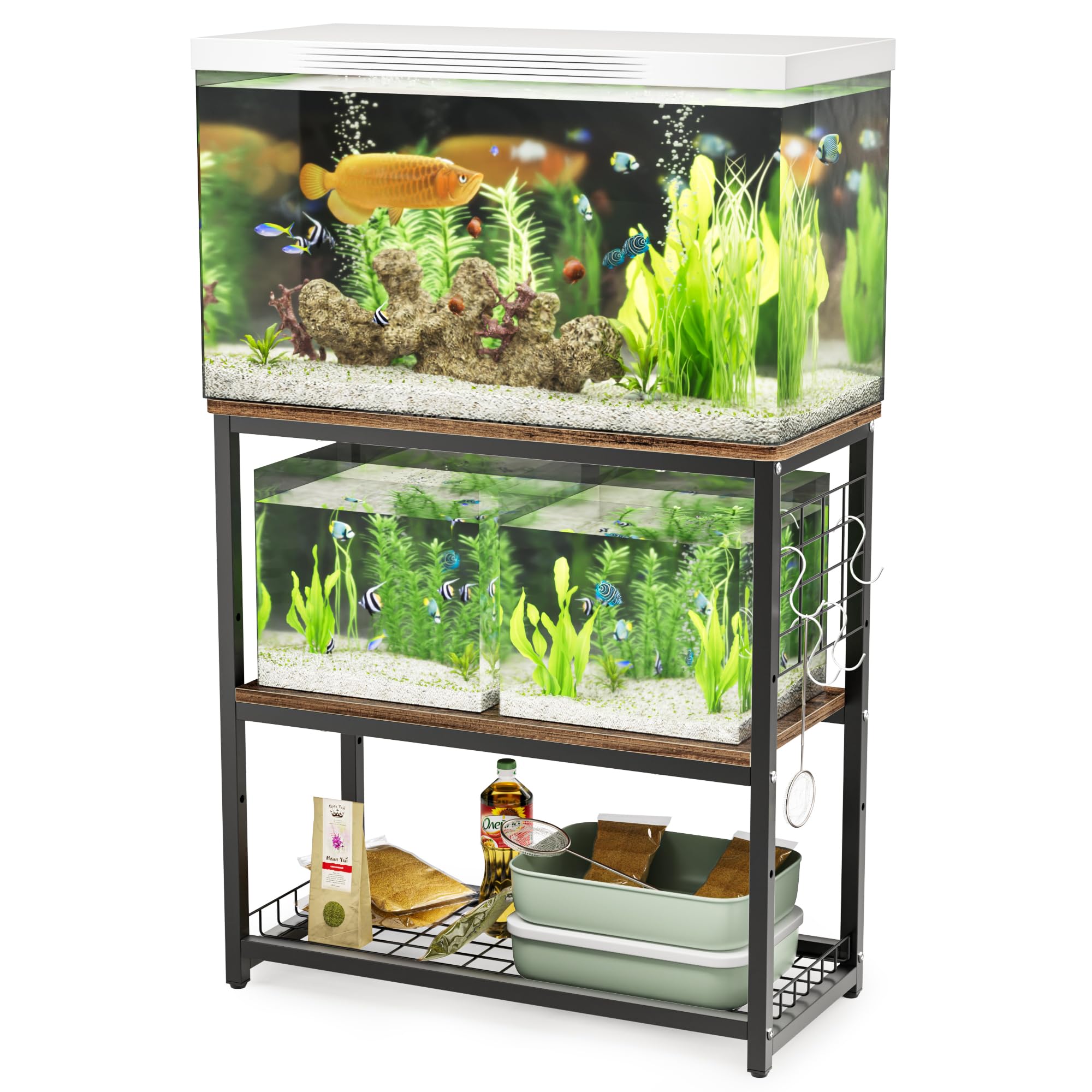 DEWEL 水槽台 水槽スタンド 水槽棚 ラック 水槽設置台 三段式 中棚板高さ調整 水槽 台 フック付き 総耐荷重約120kg 頑丈 スチール 錆びにくい シェルフ アジャスター付き 幅65×奥行き30cm水槽用