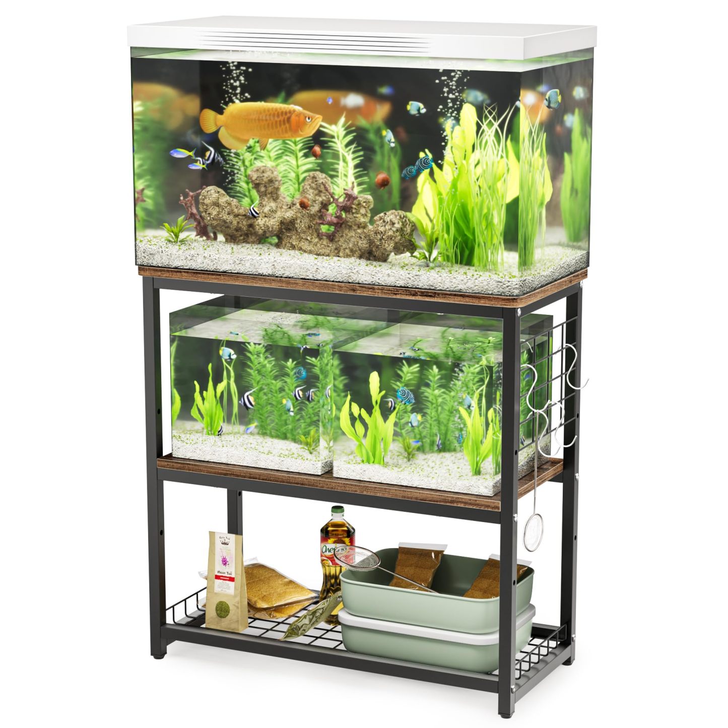 DEWEL 水槽台 水槽スタンド 水槽棚 ラック 水槽設置台 三段式 中棚板高さ調整 水槽 台 フック付き 総耐荷重約120kg 頑丈 スチ