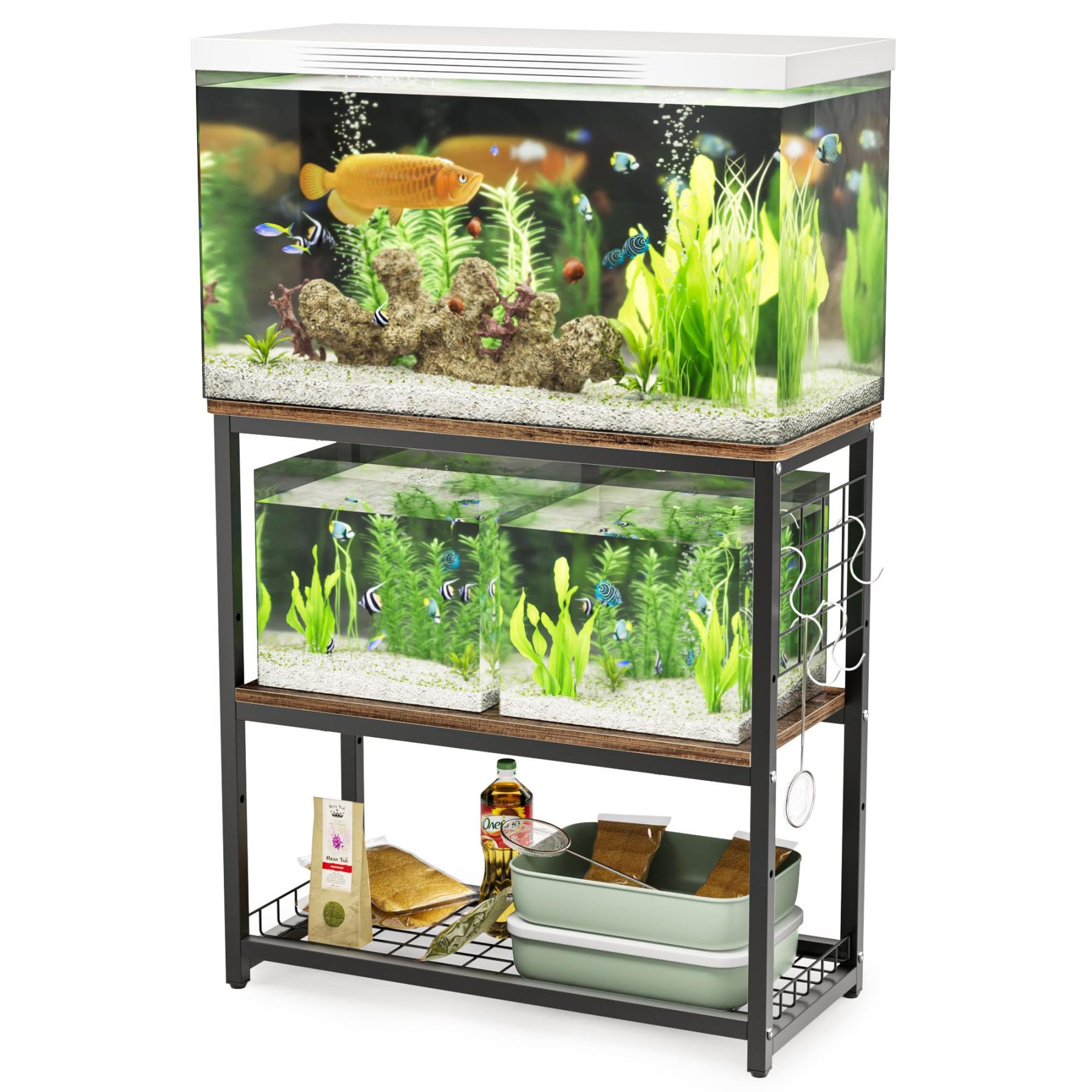 DEWEL 水槽台 水槽スタンド 水槽棚 ラック 水槽設置台 三段式 中棚板高さ調整 水槽 台 フック付き 総耐荷重約120kg 頑丈 スチ