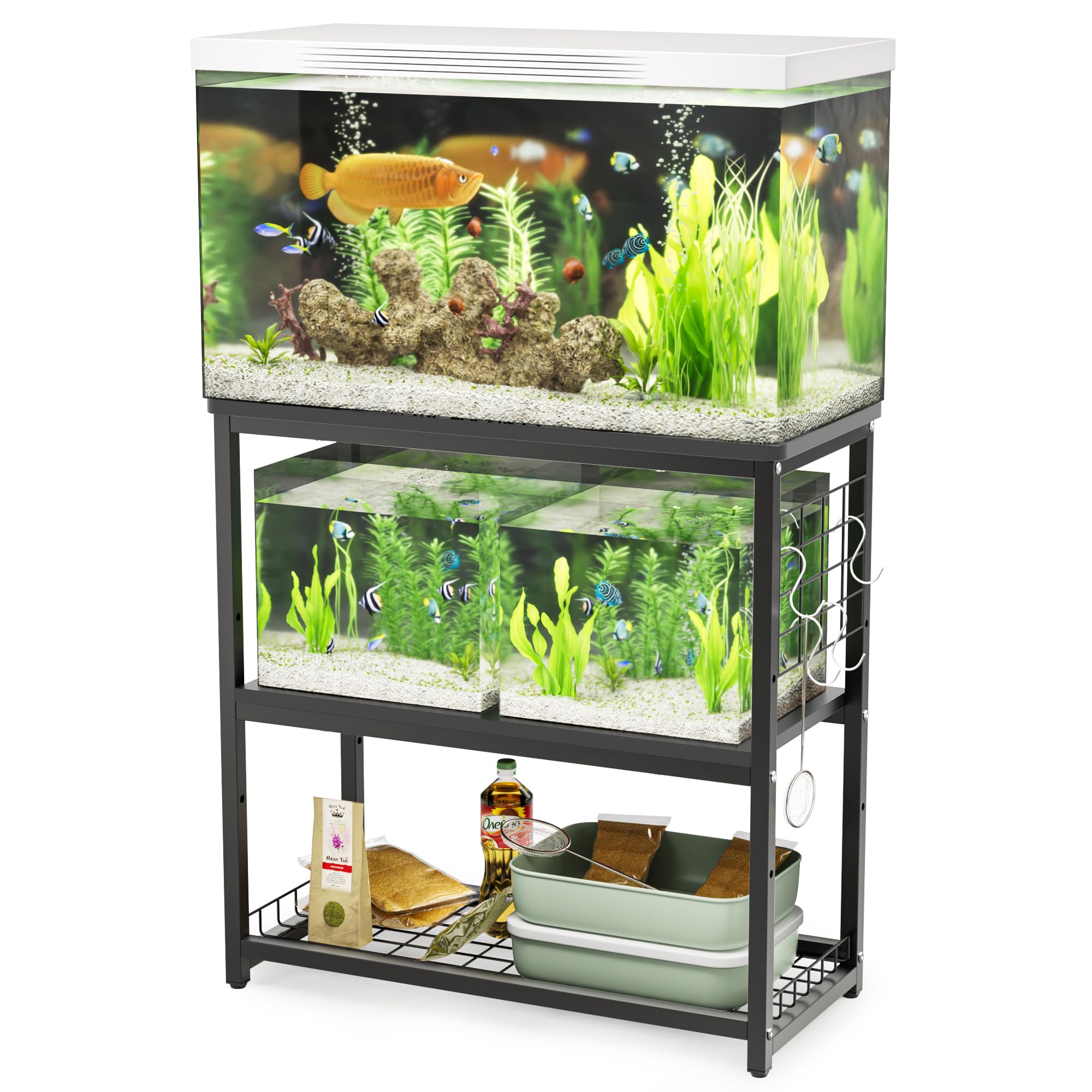 DEWEL 水槽台 水槽スタンド 水槽棚 ラック 水槽設置台 三段式 中棚板高さ調整 水槽 台 フック付き 総耐荷重約120kg 頑丈 スチール 錆びにくい シェルフ アジャスター付き 幅65×奥行き30cm水槽用