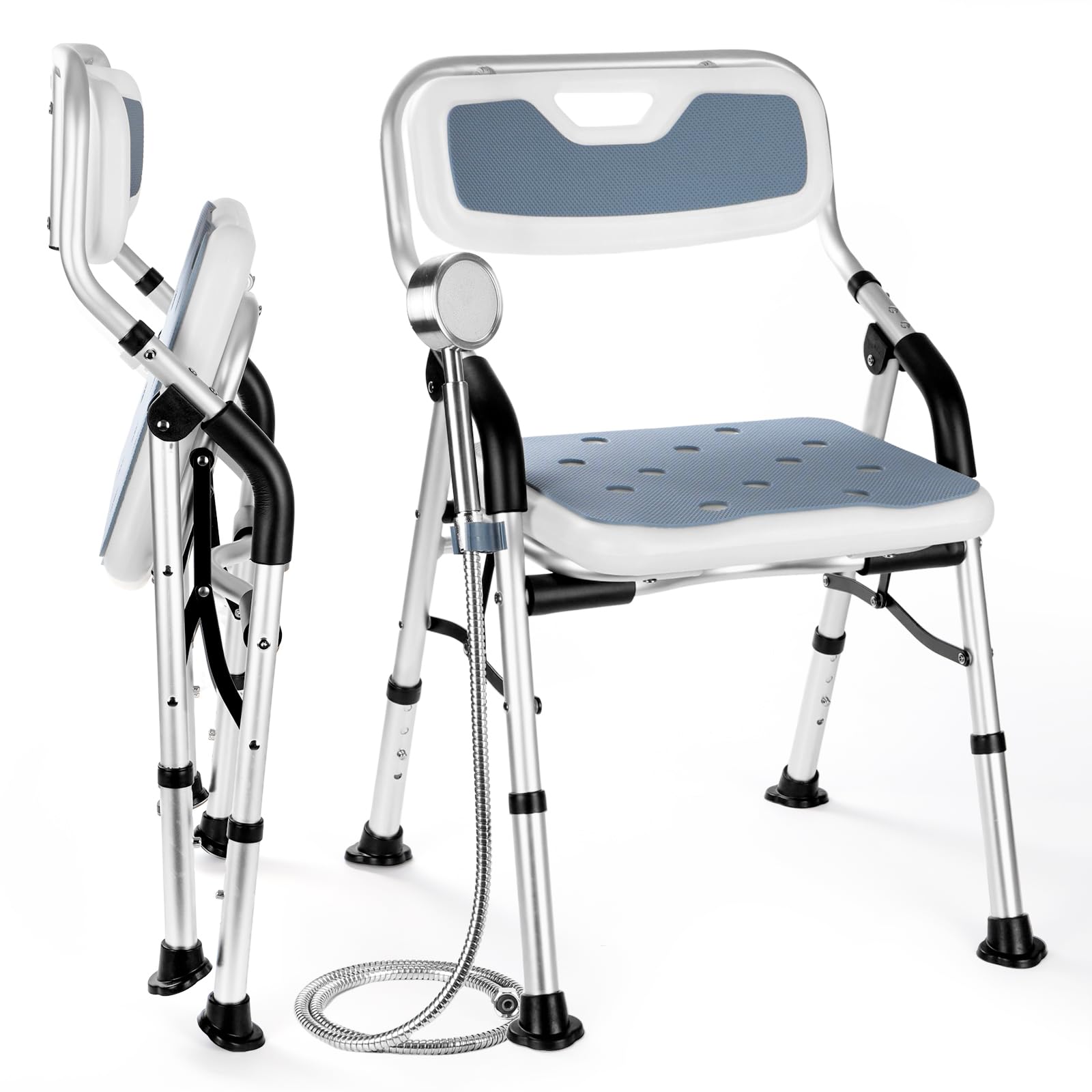 DEWEL お風呂椅子 介護 シャワーチェア 折りたたみ 高さ4段階調節 耐荷重150kg アルミ合金製 軽量 丈夫 介護チェア 転倒防止 