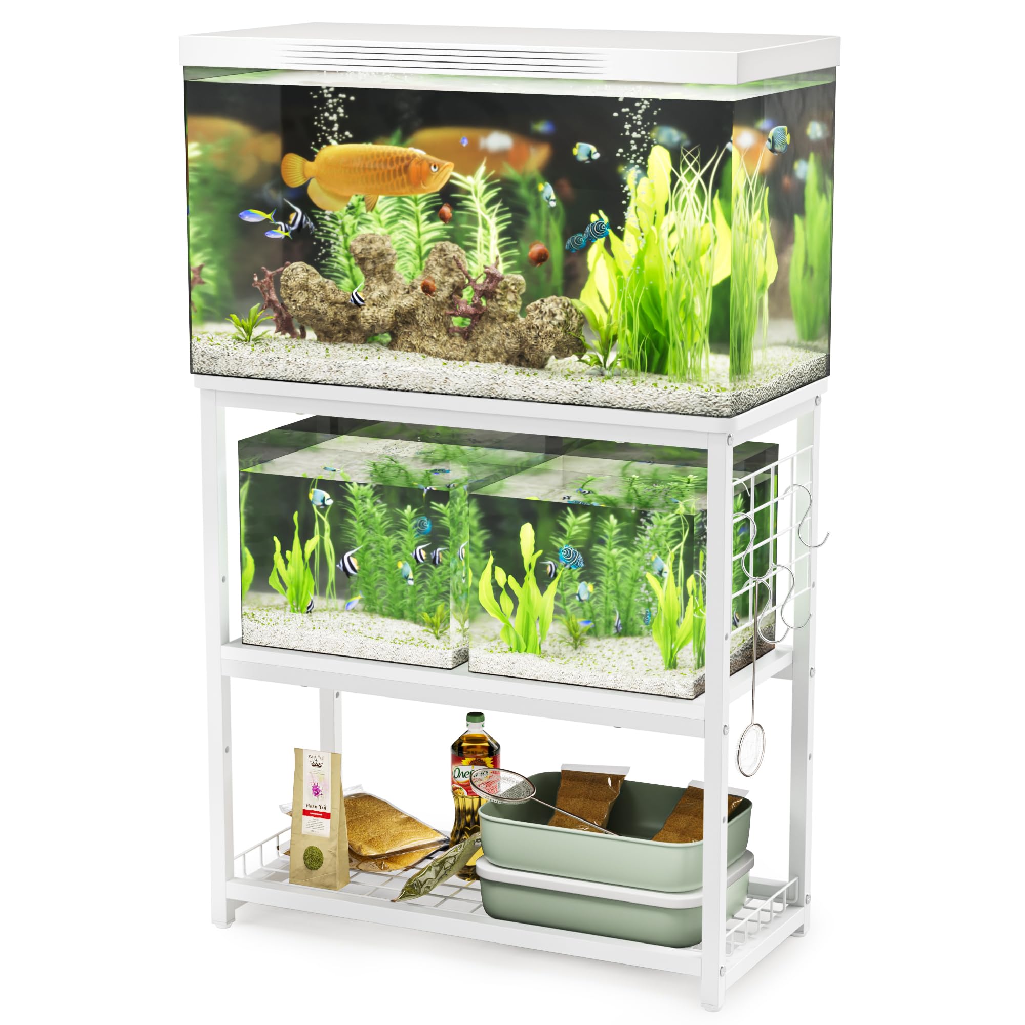 DEWEL 水槽台 水槽スタンド 水槽棚 ラック 水槽設置台 三段式 中棚板高さ調整 水槽 台 フック付き 総耐荷重約120kg 頑丈 スチール 錆びにくい シェルフ アジャスター付き 幅65×奥行き30cm水槽用