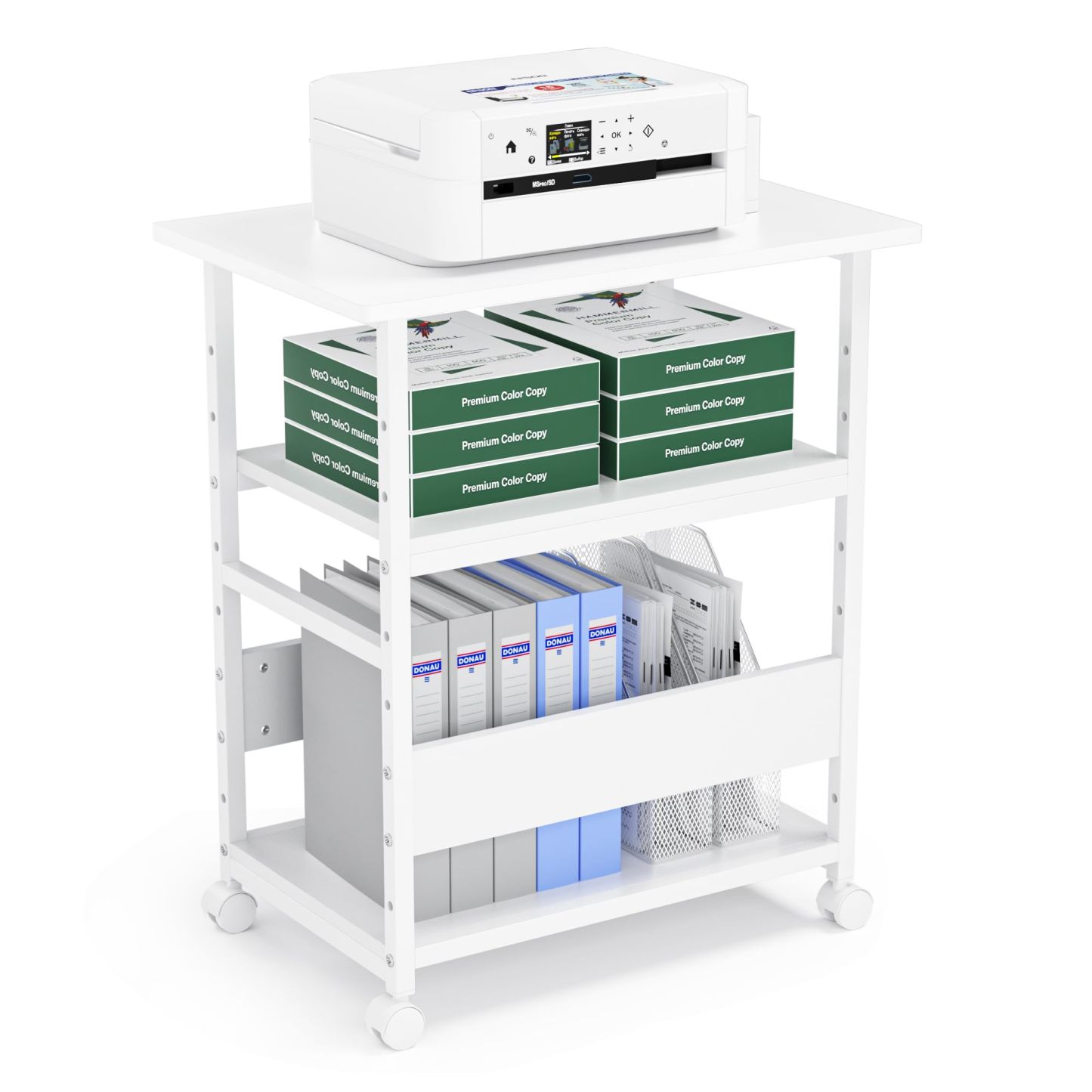 DEWEL プリンター台 プリンターラック 幅60×奥行40×高さ70cm キャスター付き 3段 中棚調整 総耐荷重60kg 木製 サイドワ