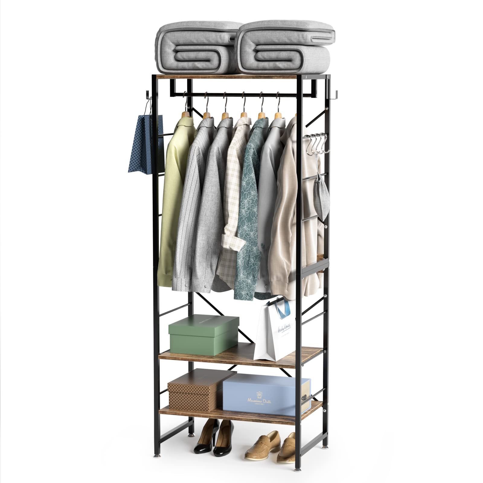 DEWEL ハンガーラック 幅64×奥行40×高さ160cm 収納ラック 2段棚付き 衣類収納 ワードローブ 棚板高さ調節 フック付き クローゼット 一人暮らし 耐荷重 組立簡単