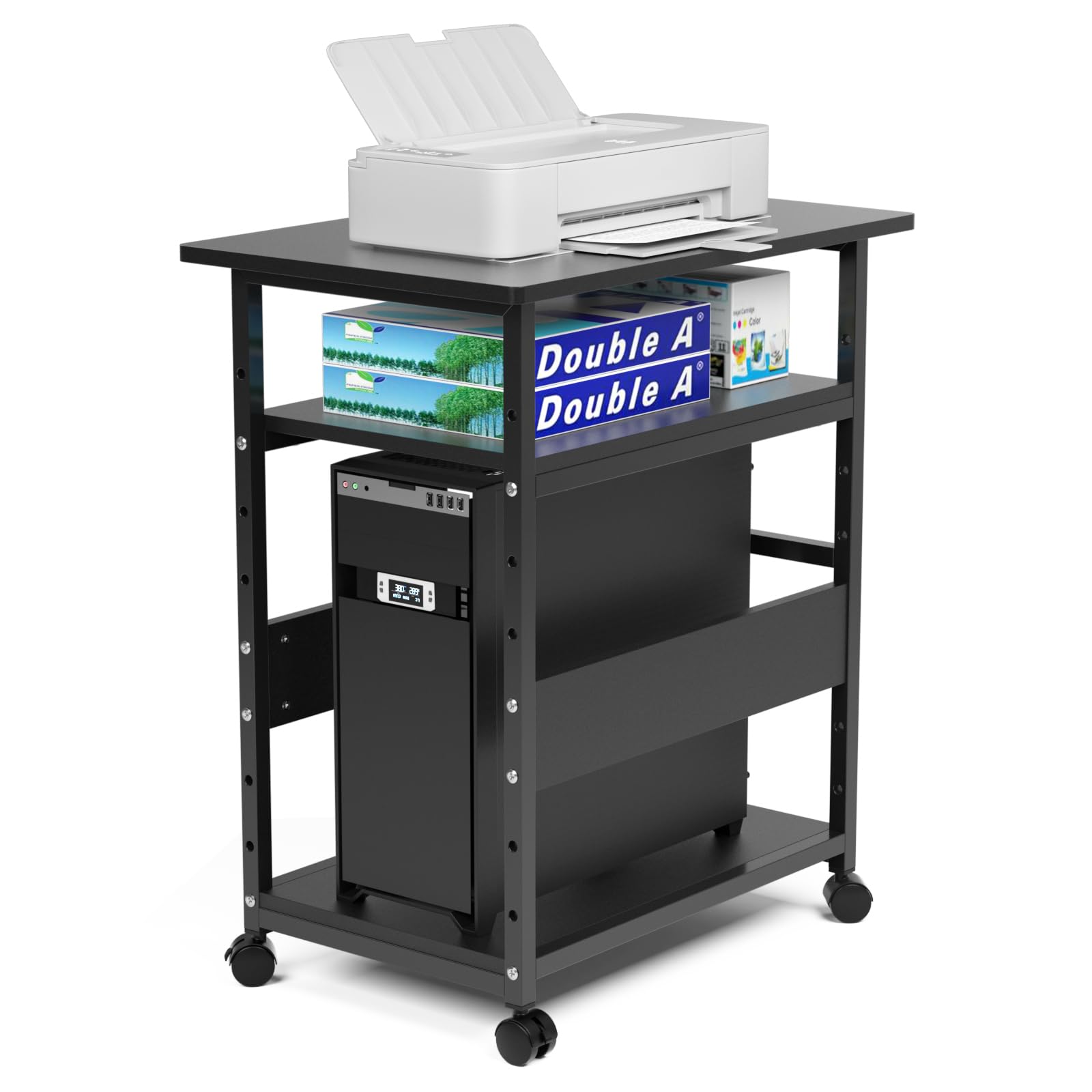 DEWEL プリンター台 プリンターラック 幅60×奥行40×高さ70cm キャスター付き 3段 中棚調整 総耐荷重60kg 木製 サイドワ