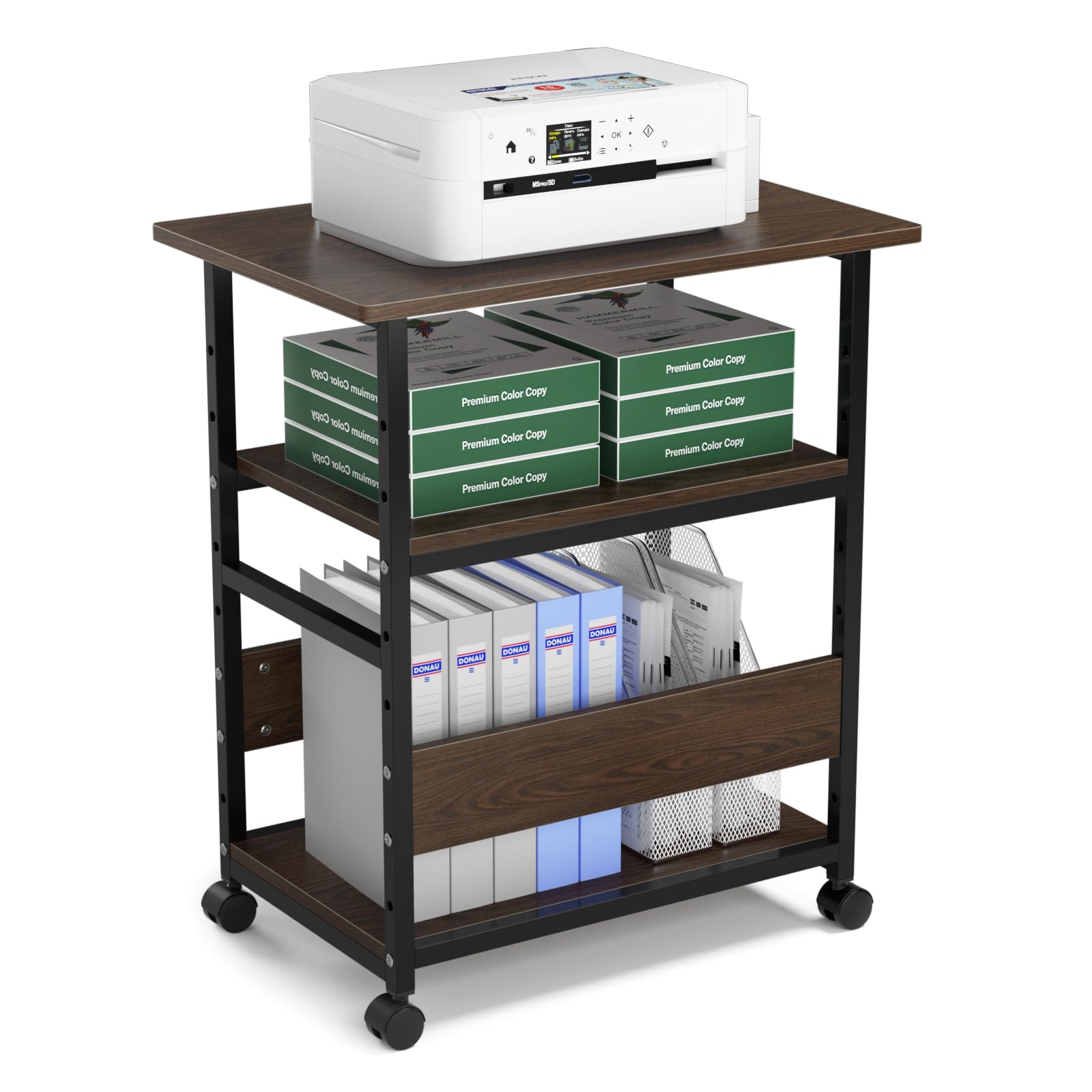 DEWEL プリンター台 プリンターラック 幅60×奥行40×高さ70cm キャスター付き 3段 中棚調整 総耐荷重60kg 木製 サイドワ