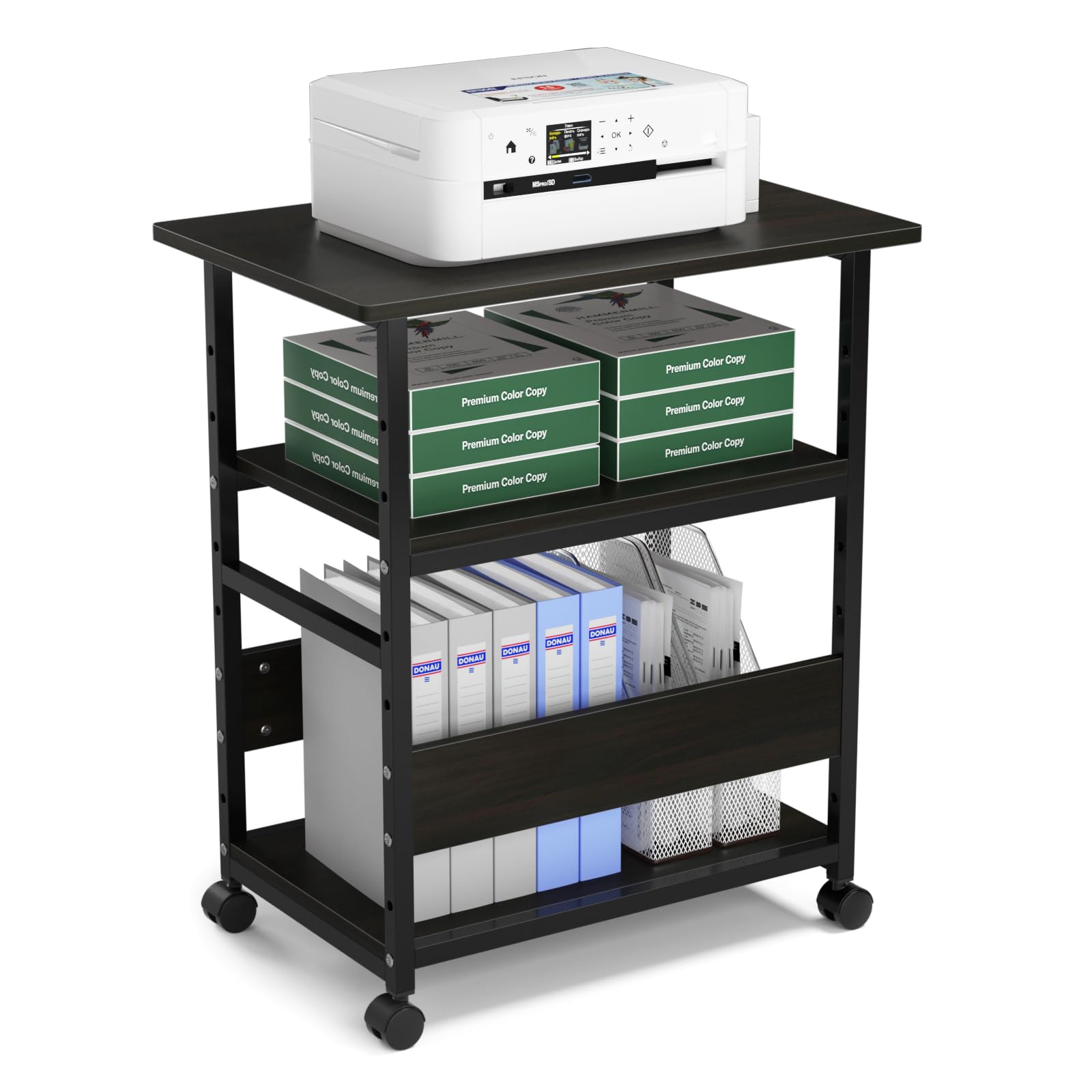 DEWEL プリンター台 プリンターラック 幅60×奥行40×高さ70cm キャスター付き 3段 中棚調整 総耐荷重60kg 木製 サイドワ