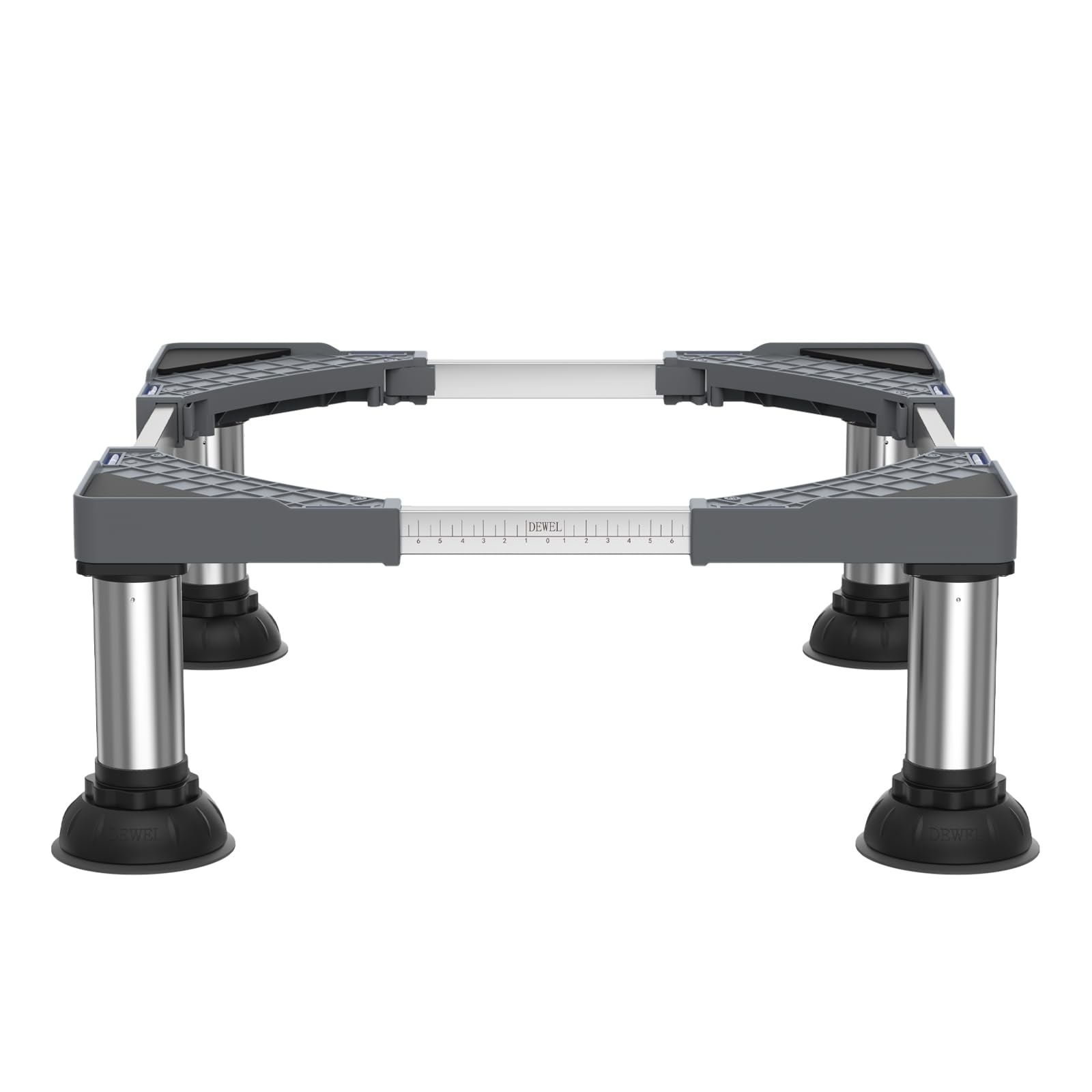 洗濯機 台 冷蔵庫置き台 17-22CM高度調節 DEWEL 大吸盤 増大増高ジャッキ付き 耐荷重約500kg かさ上げ台 高さ調節 伸縮式 幅/奥行44.8～69cm 減音防振 安定性が高い ステインレス製 防振パッド付き