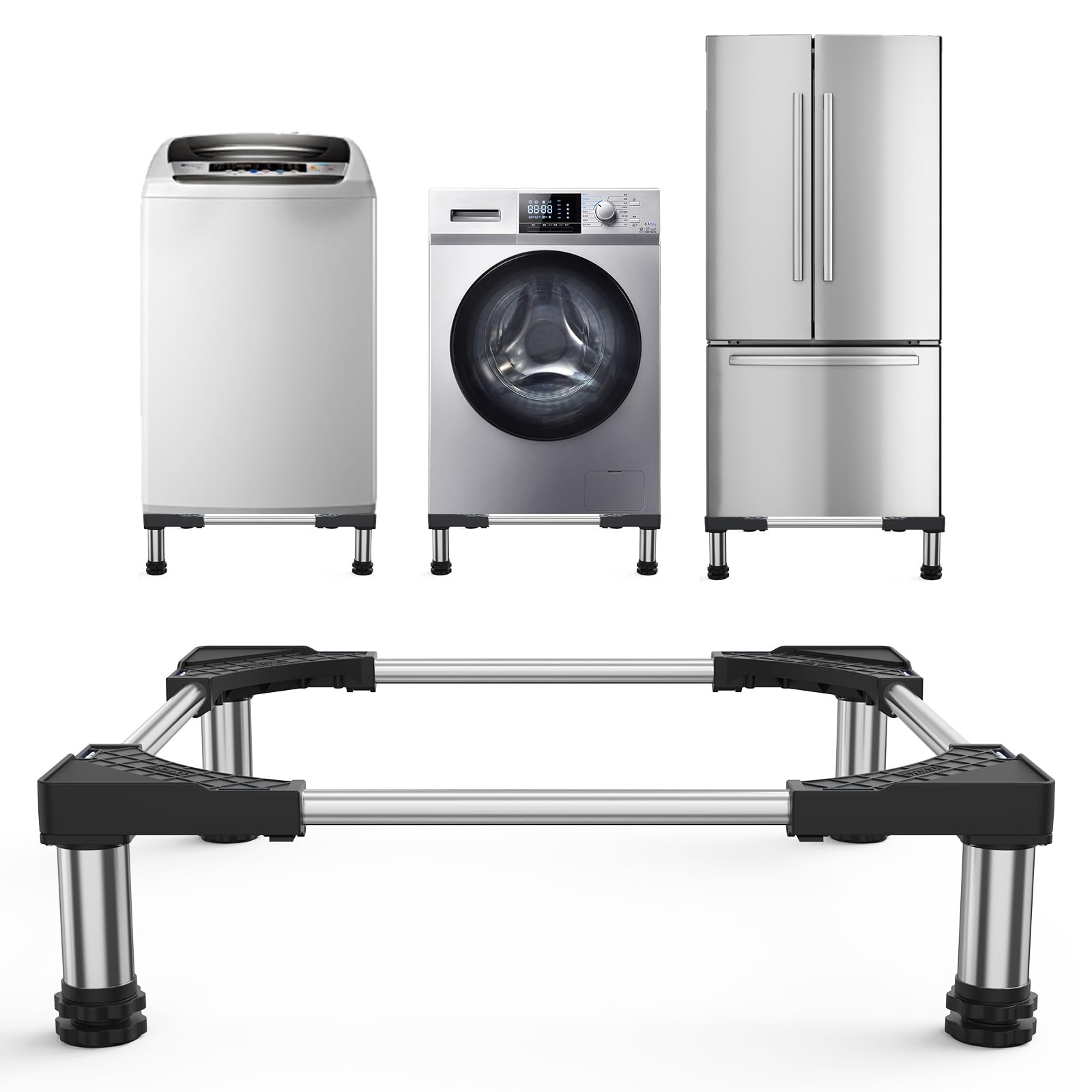 冷蔵庫 置き台 4足 超大サイズ 大きなサイズ対応 DEWEL かさ上げ台 伸縮式 高さ調整 縦型ドラム式洗濯機にも対応 騒音対策 異音振動軽減 防振パッド 3年保証