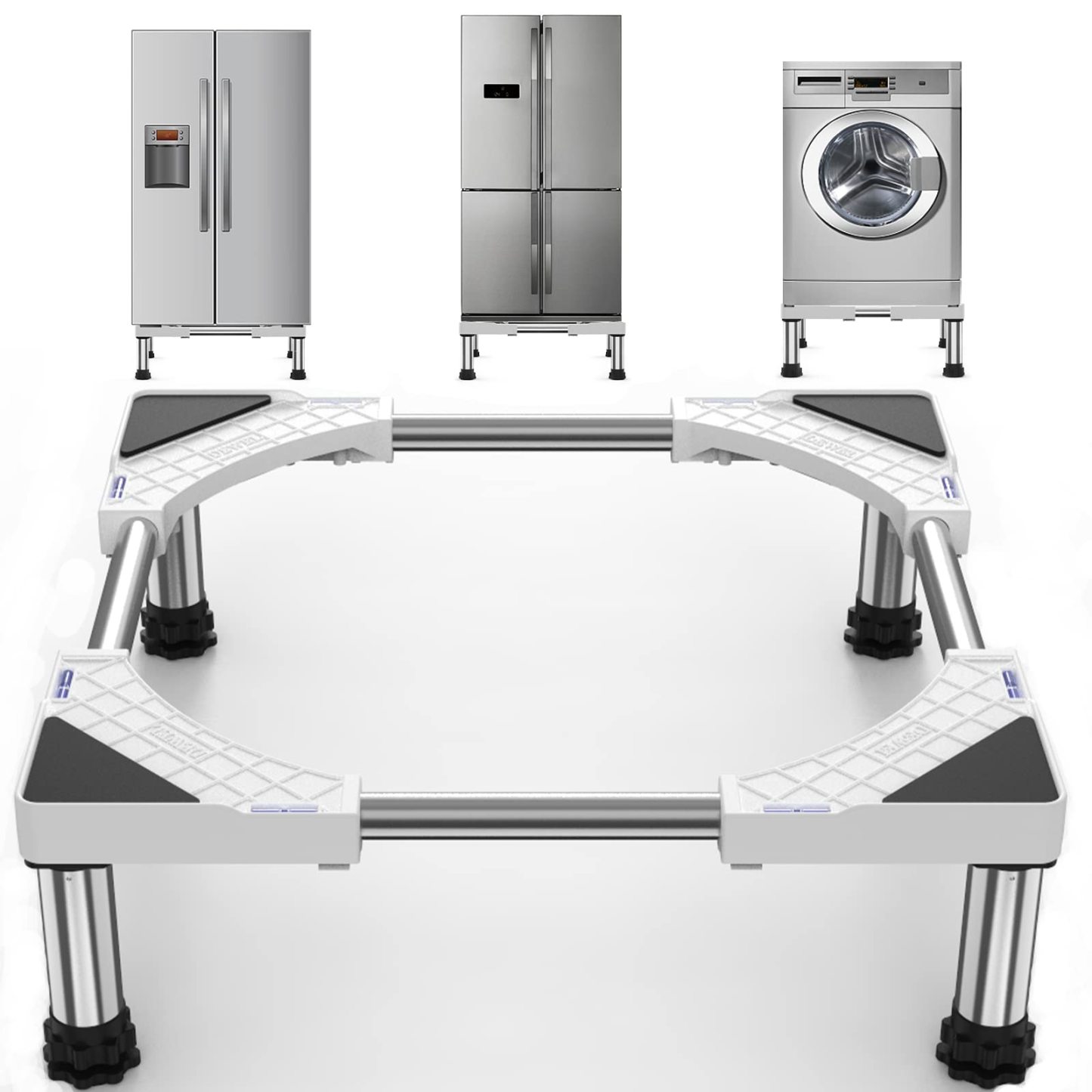 冷蔵庫 置き台 4足 超大サイズ 大きなサイズ対応 DEWEL かさ上げ台 伸縮式 高さ調整 縦型ドラム式洗濯機にも対応 騒音対策 異音振動軽減 防振パッド 3年保証