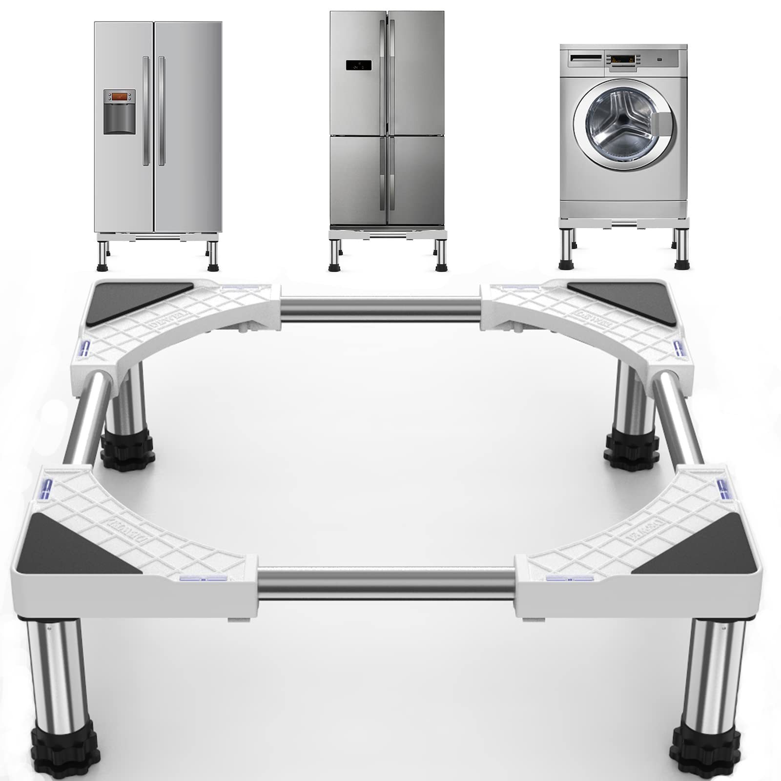 冷蔵庫 置き台 4足 超大サイズ 大きなサイズ対応 DEWEL かさ上げ台 伸縮式 高さ調整 縦型ドラム式洗濯機にも対応 騒音対策 異音振動軽減 防振パッド 3年保証