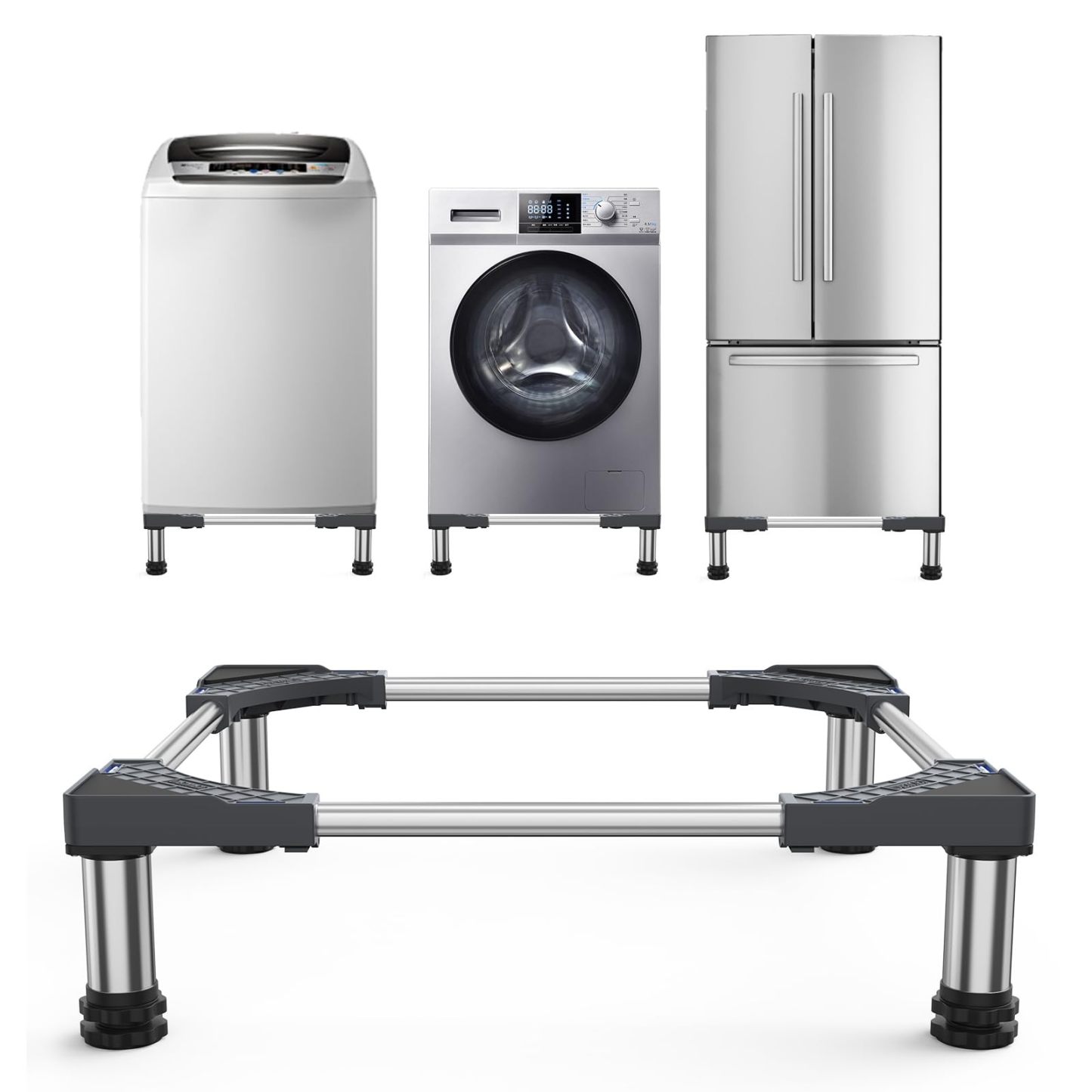 冷蔵庫 置き台 4足 超大サイズ 大きなサイズ対応 DEWEL かさ上げ台 伸縮式 高さ調整 縦型ドラム式洗濯機にも対応 騒音対策 異音振動軽減 防振パッド 3年保証