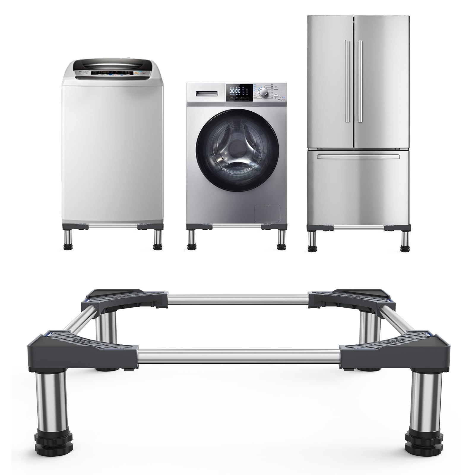 冷蔵庫 置き台 4足 超大サイズ 大きなサイズ対応 DEWEL かさ上げ台 伸縮式 高さ調整 縦型ドラム式洗濯機にも対応 騒音対策 異音振動軽減 防振パッド 3年保証