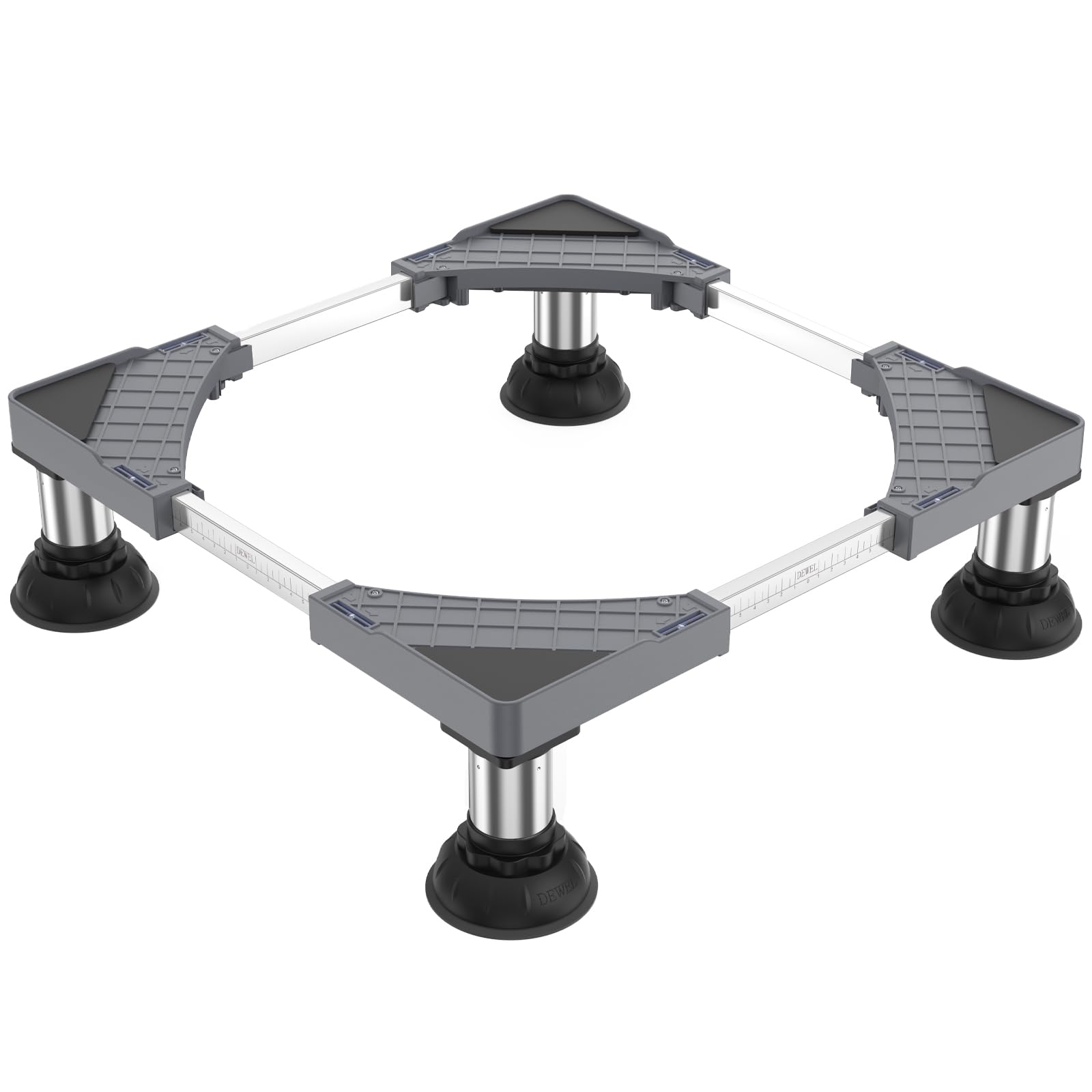 洗濯機 台 冷蔵庫置き 台 15-17CM高度調節 DEWEL 増大増高ジャッキ付き 大吸盤 耐荷重約500kg かさ上げ台 高さ調節 伸縮式 幅/奥行44.5~70cm 減音防振 安定性が高い ステインレス製 防振パッド付き