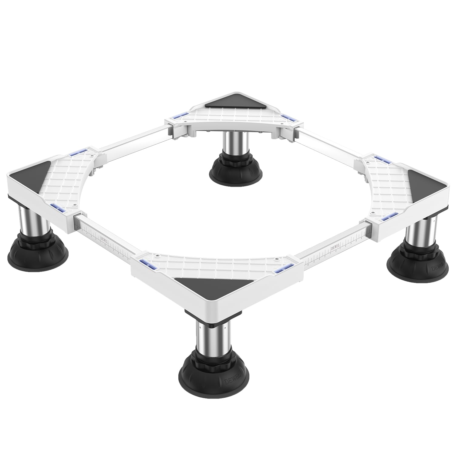 洗濯機 台 冷蔵庫置き 台 15-17CM高度調節 DEWEL 増大増高ジャッキ付き 大吸盤 耐荷重約500kg かさ上げ台 高さ調節 伸縮式 幅/奥行44.5~70cm 減音防振 安定性が高い ステインレス製 防振パッド付き