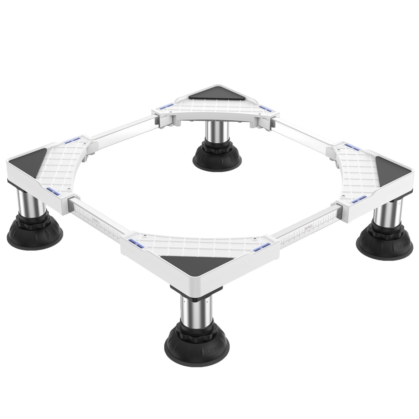 洗濯機 台 冷蔵庫置き 台 15-17CM高度調節 DEWEL 増大増高ジャッキ付き 大吸盤 耐荷重約500kg かさ上げ台 高さ調節 伸縮式 幅/奥行44.5~70cm 減音防振 安定性が高い ステインレス製 防振パッド付き