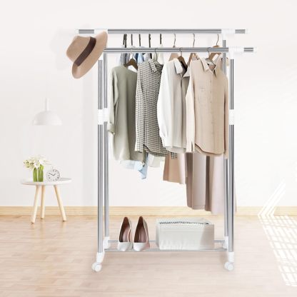 DEWEL ハンガーラック 2段 収納ラック つっぱり棚 幅94.5cm-150×奥行40cm×高さ98-170cm キャスター付き 洋服ラック 大容量 高さ調整可能 耐荷重40kg 組立簡単 ポールハンガー