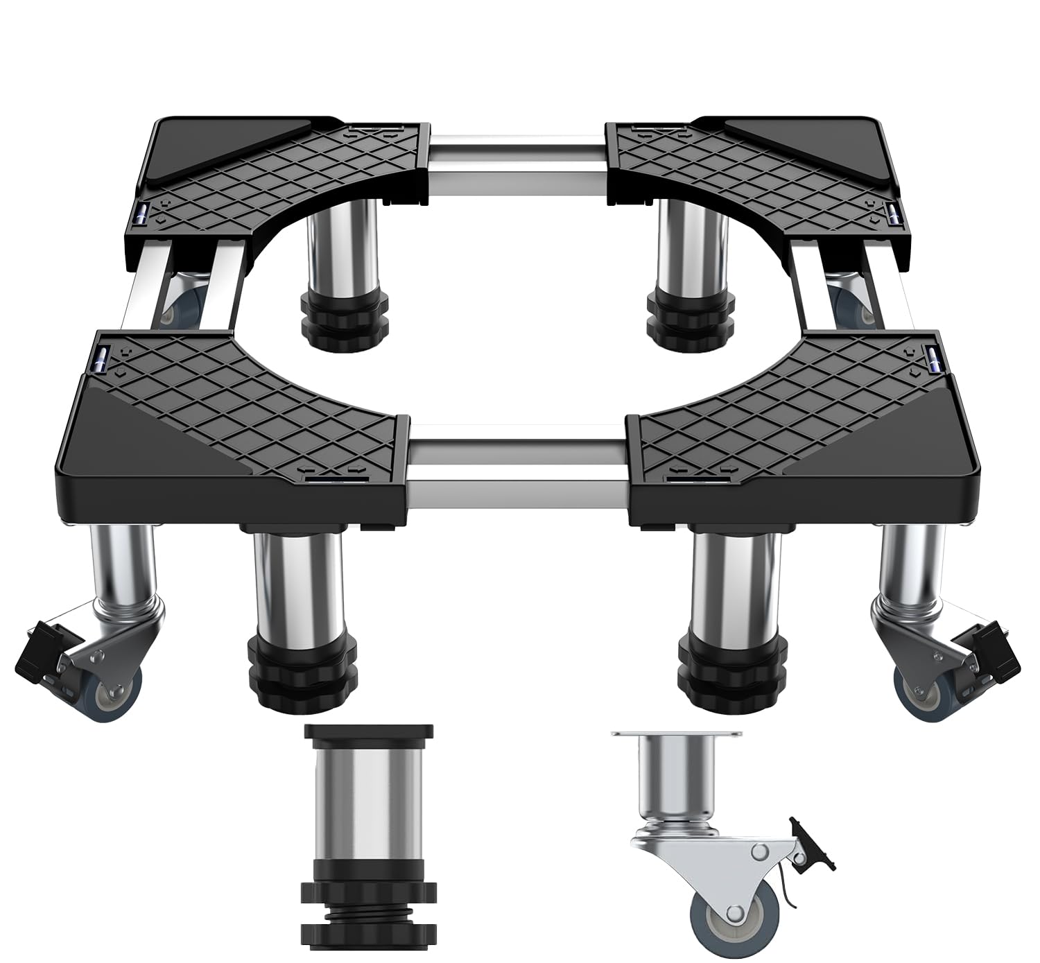 DEWEL 冷蔵庫 台 かさ上げ台 洗濯機台 8輪4ステンレス鋼足 8本鋼管 360度回転 置き台 防水パン 53.5～71cm 長さ調節可能 14∼16cm 高さ調節可能 耐荷重500kg 洗濯パン 防振パッド付き