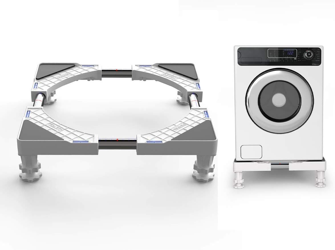 洗濯機 台 DEWEL 冷蔵庫置き台 耐荷重約300kg かさ上げ 高さ調節 伸縮式 幅/奥行44.8～69cm 減音防振 調節簡単 昇降可能 4足 ステインレス製 ジャッキ付き 防振パッド付き