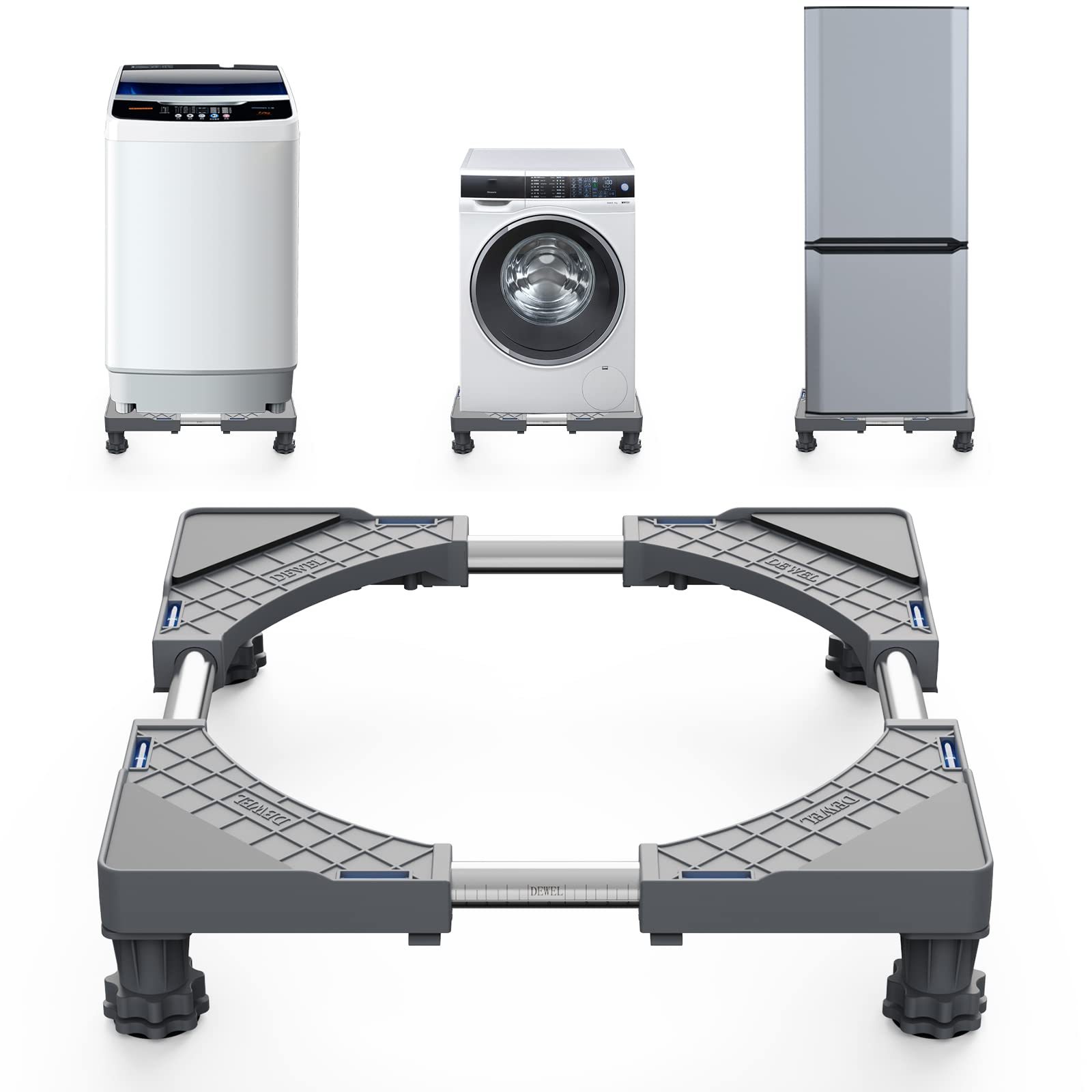 洗濯機 台 DEWEL 冷蔵庫置き台 耐荷重約300kg かさ上げ 高さ調節 伸縮式 幅/奥行44.8～69cm 減音防振 調節簡単 昇降可能 4足 ステインレス製 ジャッキ付き 防振パッド付き