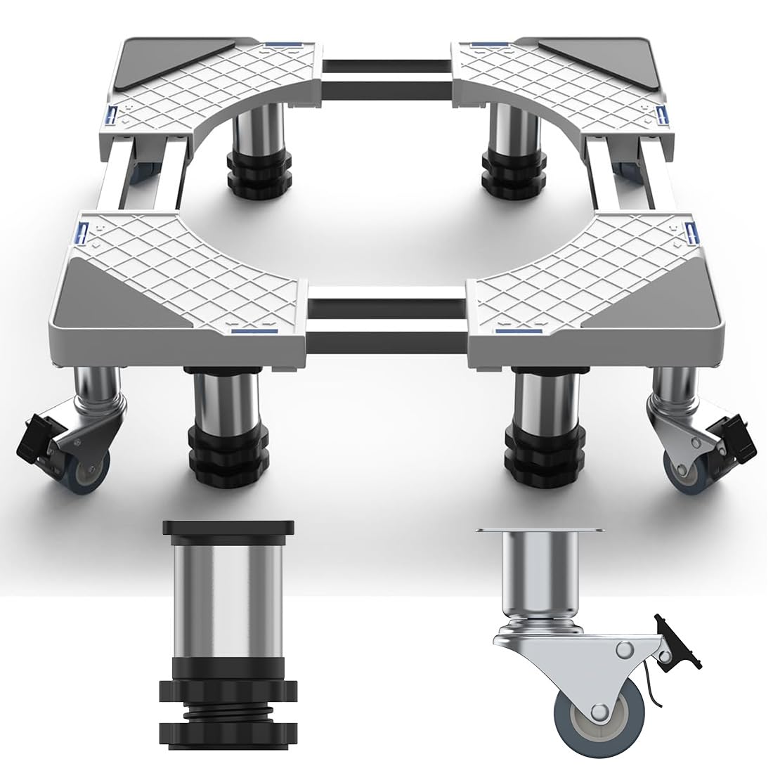 DEWEL 冷蔵庫 台 かさ上げ台 洗濯機台 8輪4ステンレス鋼足 8本鋼管 360度回転 置き台 防水パン 53.5～71cm 長さ調節可能 14∼16cm 高さ調節可能 耐荷重500kg 洗濯パン 防振パッド付き