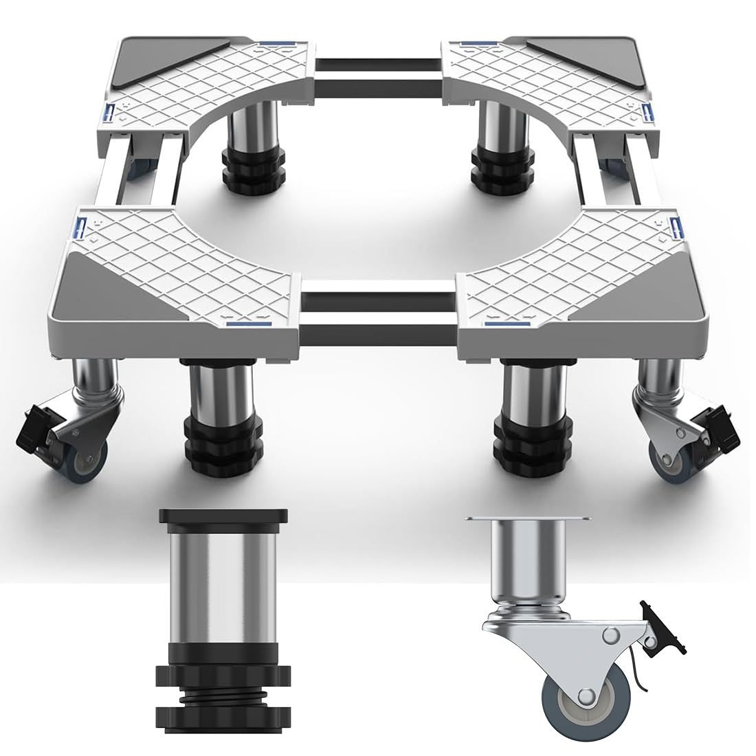 DEWEL 冷蔵庫 台 かさ上げ台 洗濯機台 8輪4ステンレス鋼足 8本鋼管 360度回転 置き台 防水パン 53.5～71cm 長さ調節可