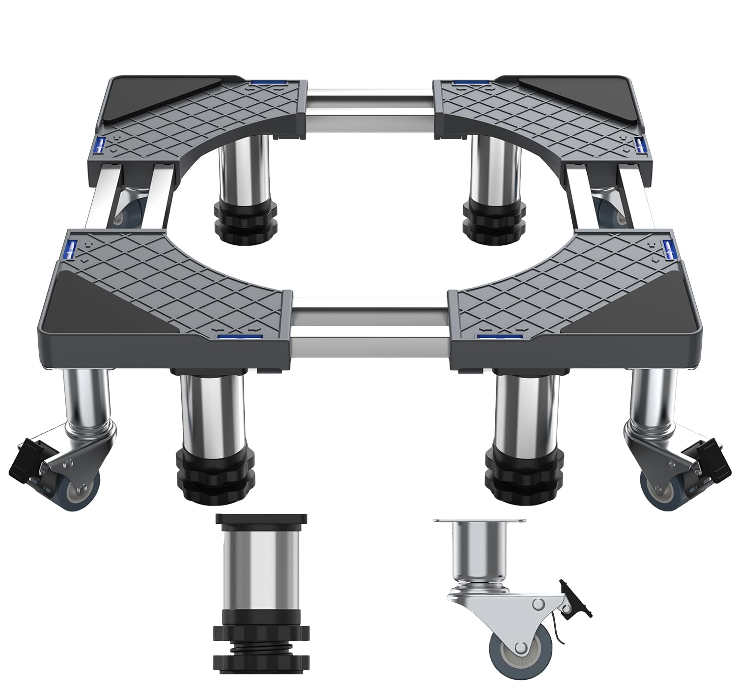 DEWEL 冷蔵庫 台 かさ上げ台 洗濯機台 8輪4ステンレス鋼足 8本鋼管 360度回転 置き台 防水パン 53.5～71cm 長さ調節可