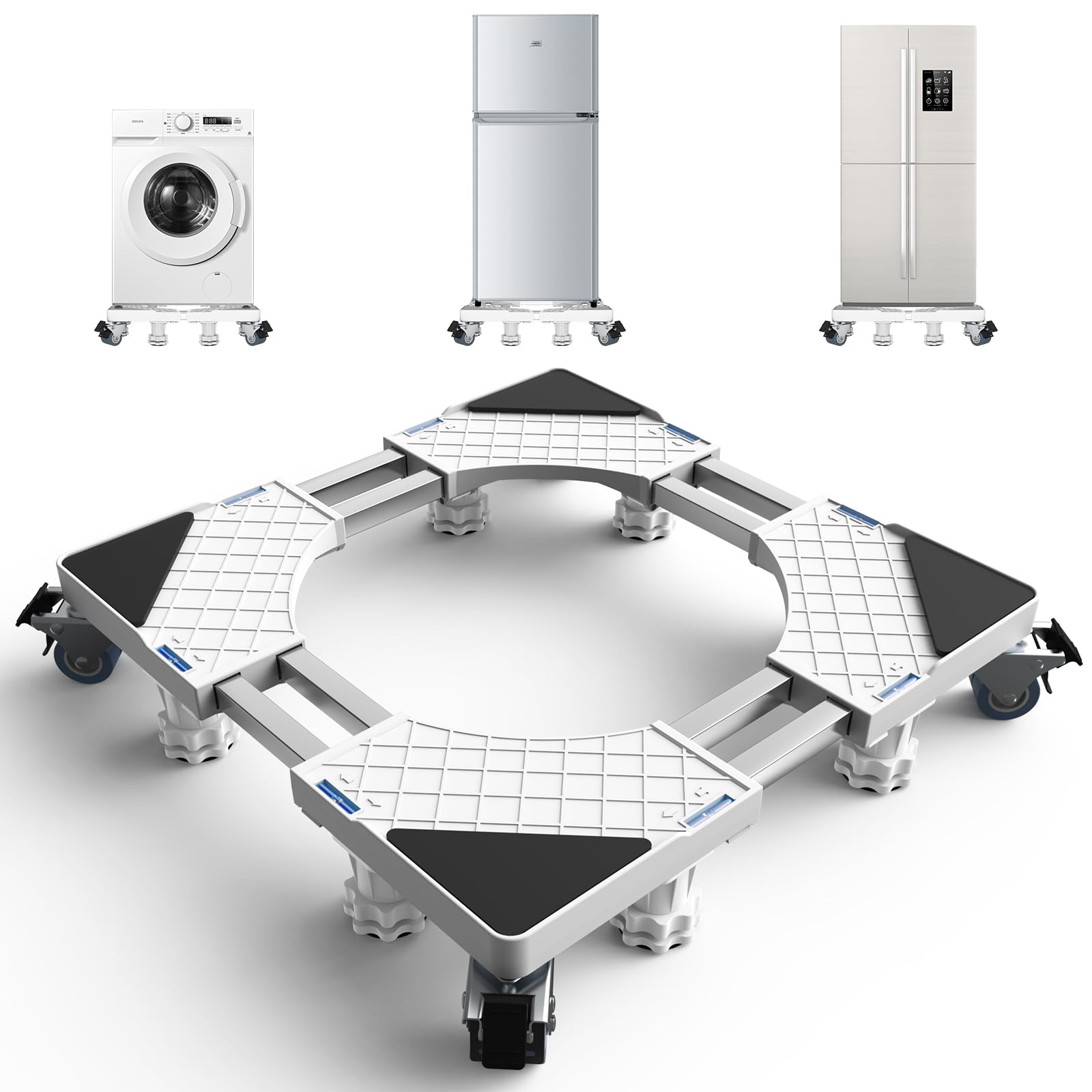 洗濯機 台 DEWEL 冷蔵庫 台 かさ上げ台 360度回転 キャスター付き 目盛り付き 洗濯機パン 排水パン 8輪8足 サイズ調整可能 幅/奥行き:48～65cm 耐荷重:500kg 伸縮式 ドラム式 全自動対応 3重振動異音防止
