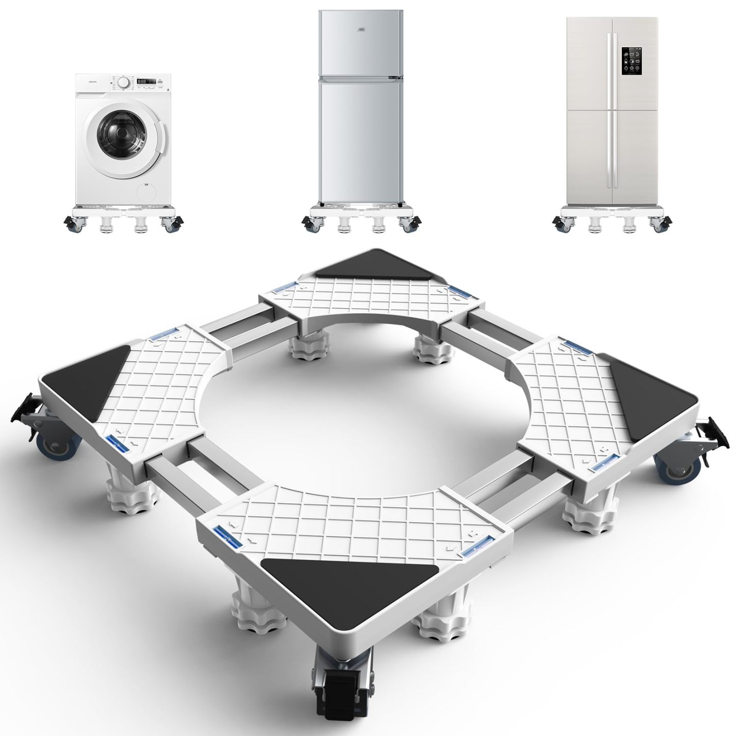 洗濯機 台 DEWEL 冷蔵庫 台 かさ上げ台 360度回転 キャスター付き 目盛り付き 洗濯機パン 排水パン 8輪8足 サイズ調整可能 幅