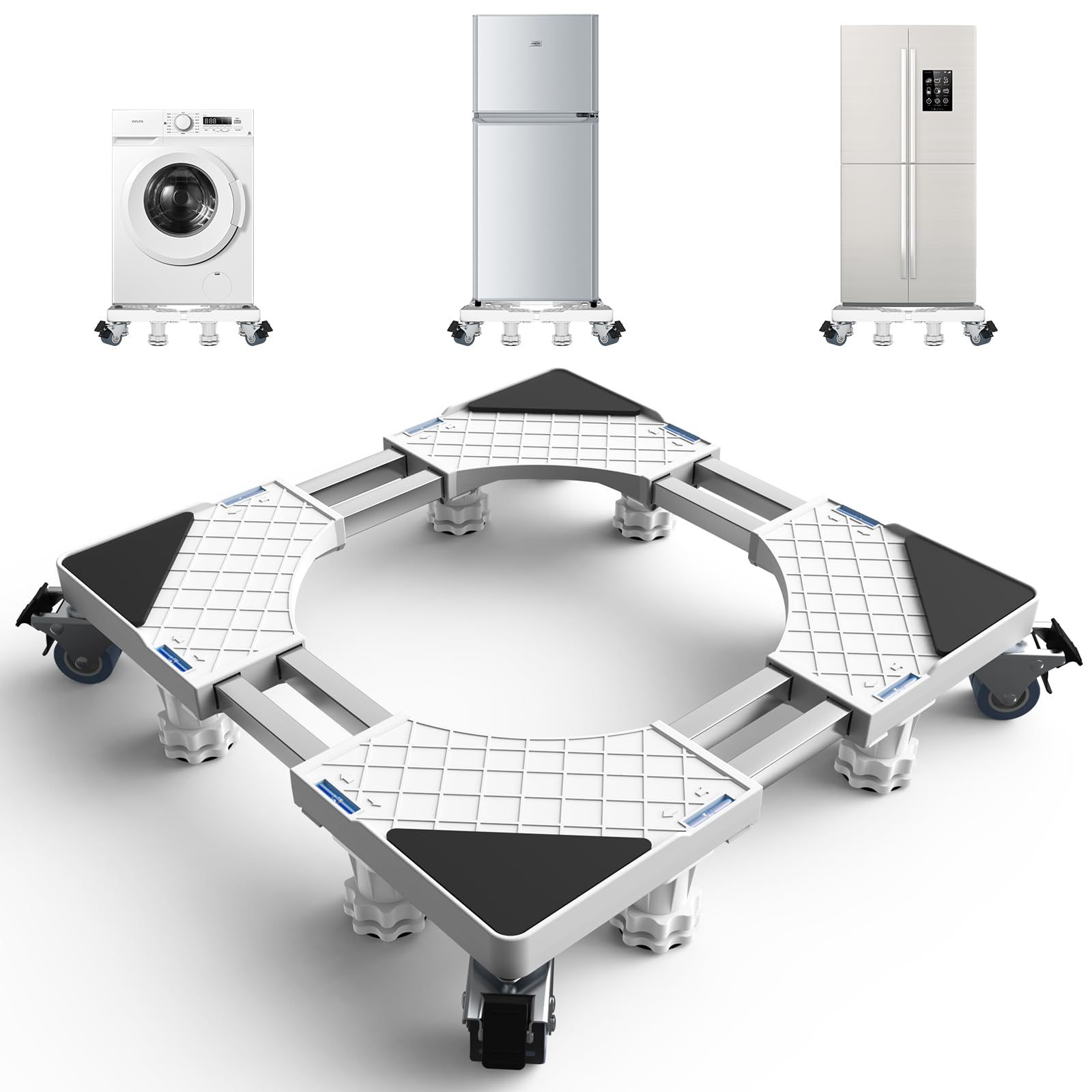 洗濯機 台 DEWEL 冷蔵庫 台 かさ上げ台 360度回転 キャスター付き 目盛り付き 洗濯機パン 排水パン 8輪8足 サイズ調整可能 幅